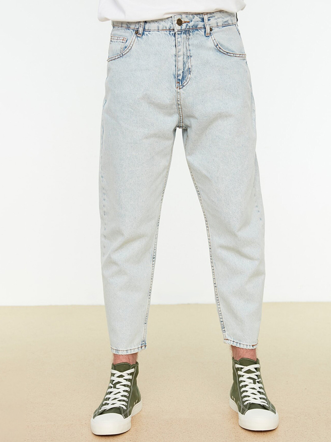 Trendyol Men Blue Pure Cotton Loose Stretchable Crop Jeans