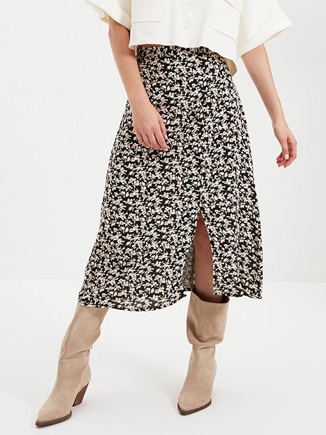 Trendyol Floral Print Front Slit A-Line Midi Skirt
