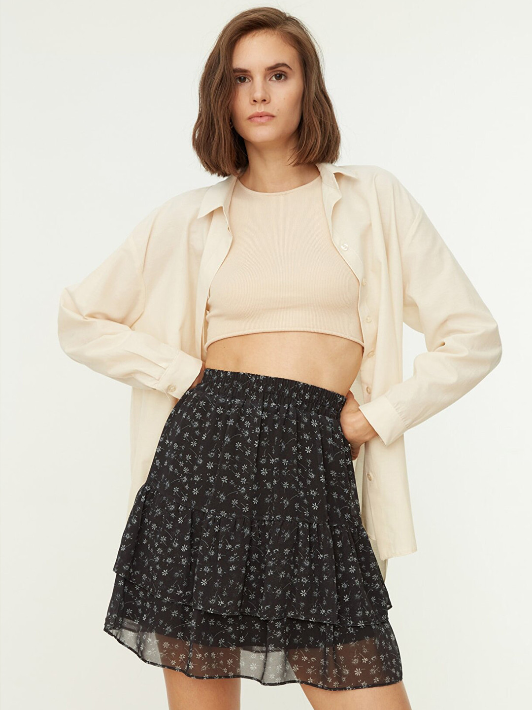 Trendyol Women Black and Grey Floral Printed A-Line Skirt