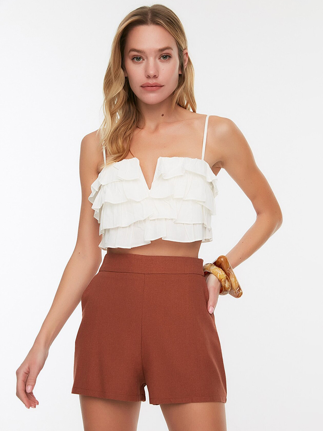 Trendyol Women Brown Solid Pure Cotton Shorts