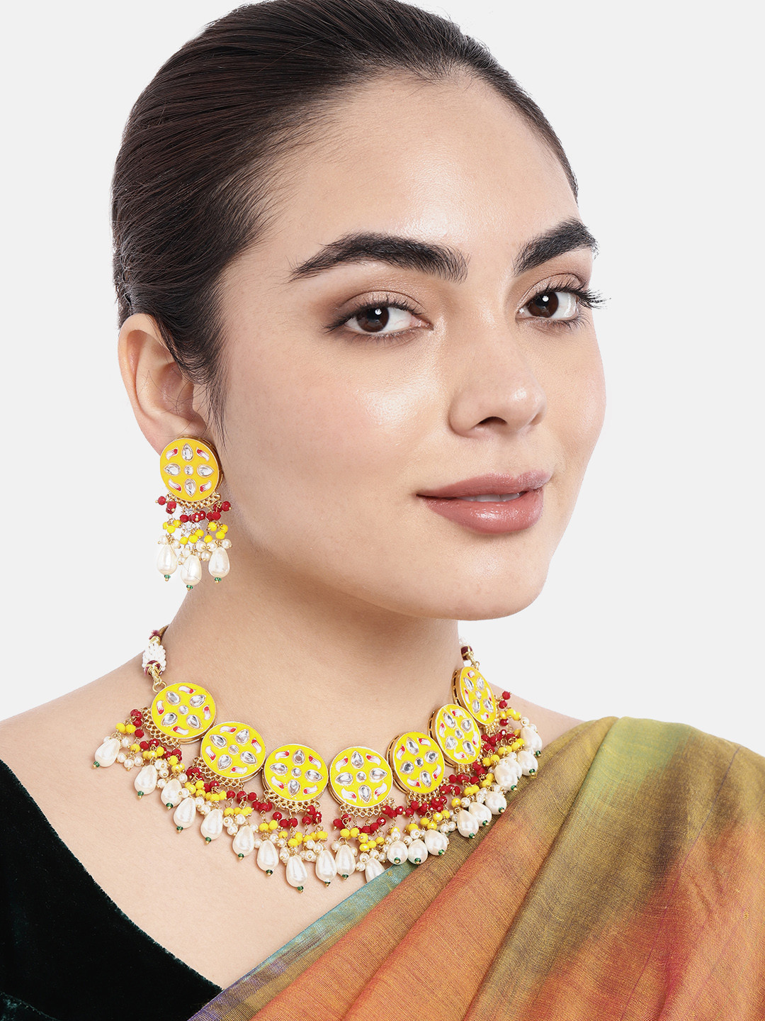 Peora Gold-Plated Yellow Enamel Meenakri Choker Necklace With Earrings Set