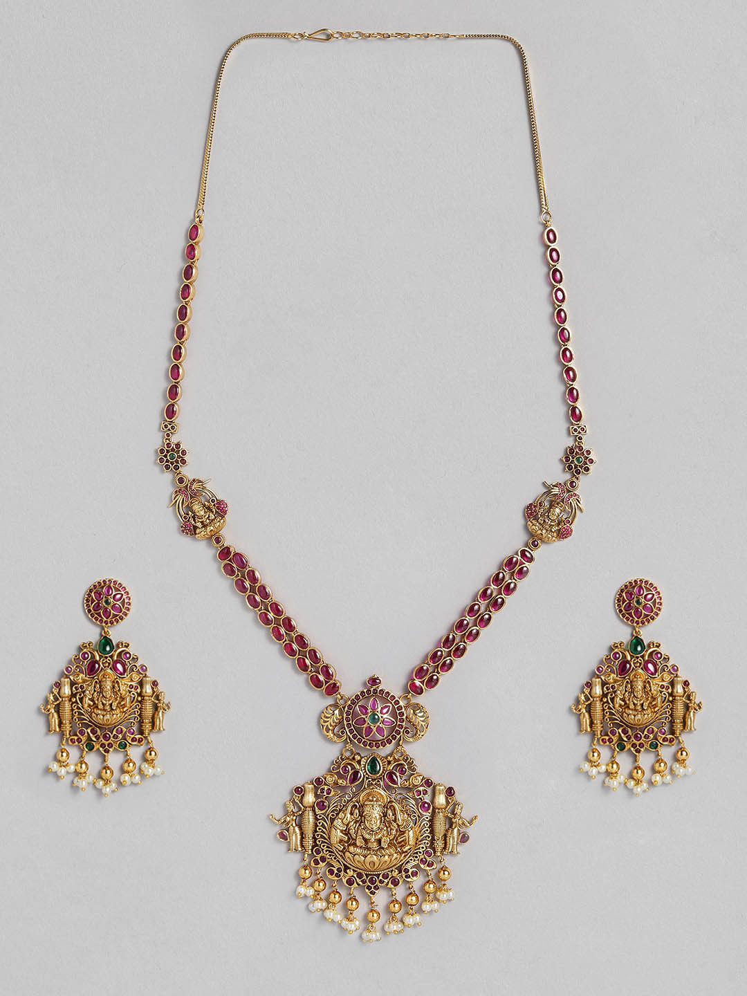 Peora Maroon Gold-Plated Stone Studded & Beaded Laxmi Jewellery Set
