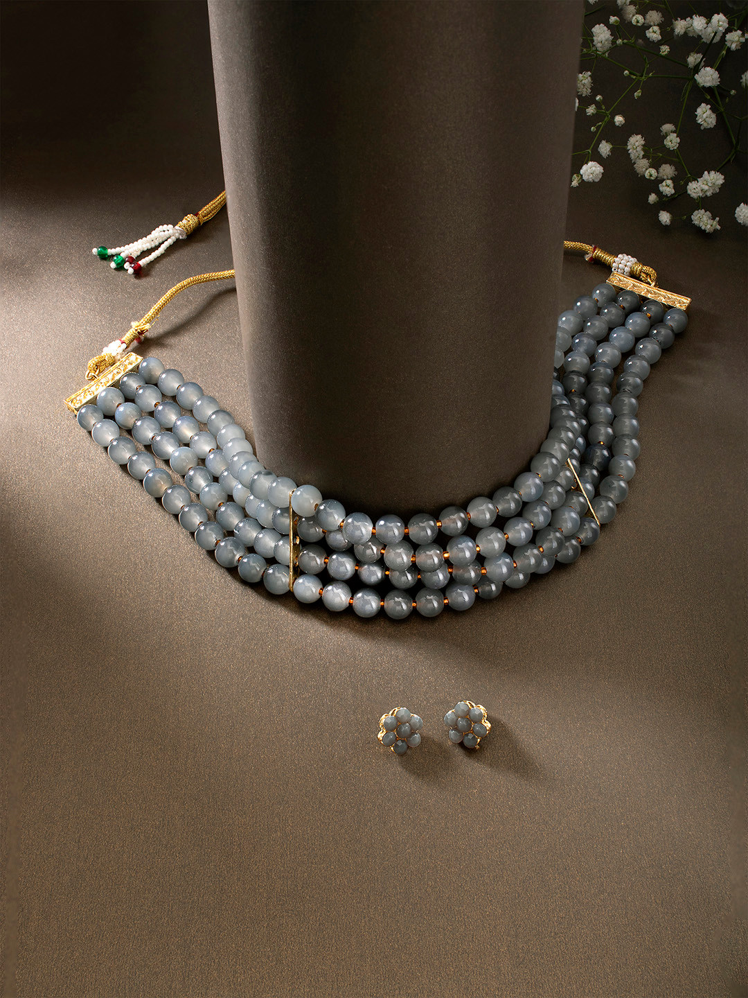 PEORA Grey Gold-Plated Pearl Beaded Choker Jewellery Set