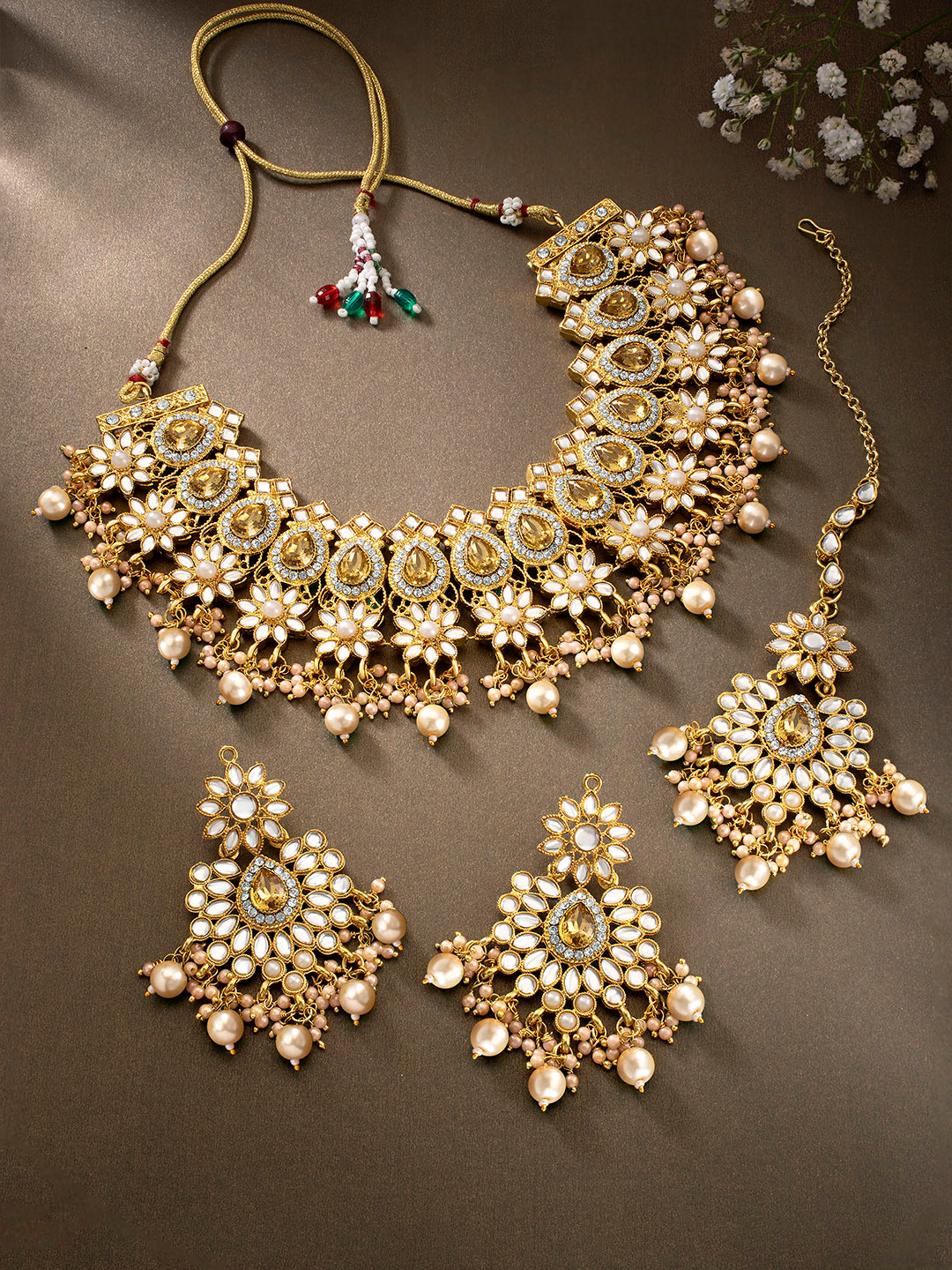 PEORA Gold & White Gold Plated Kundan Pearls Jewellery Set
