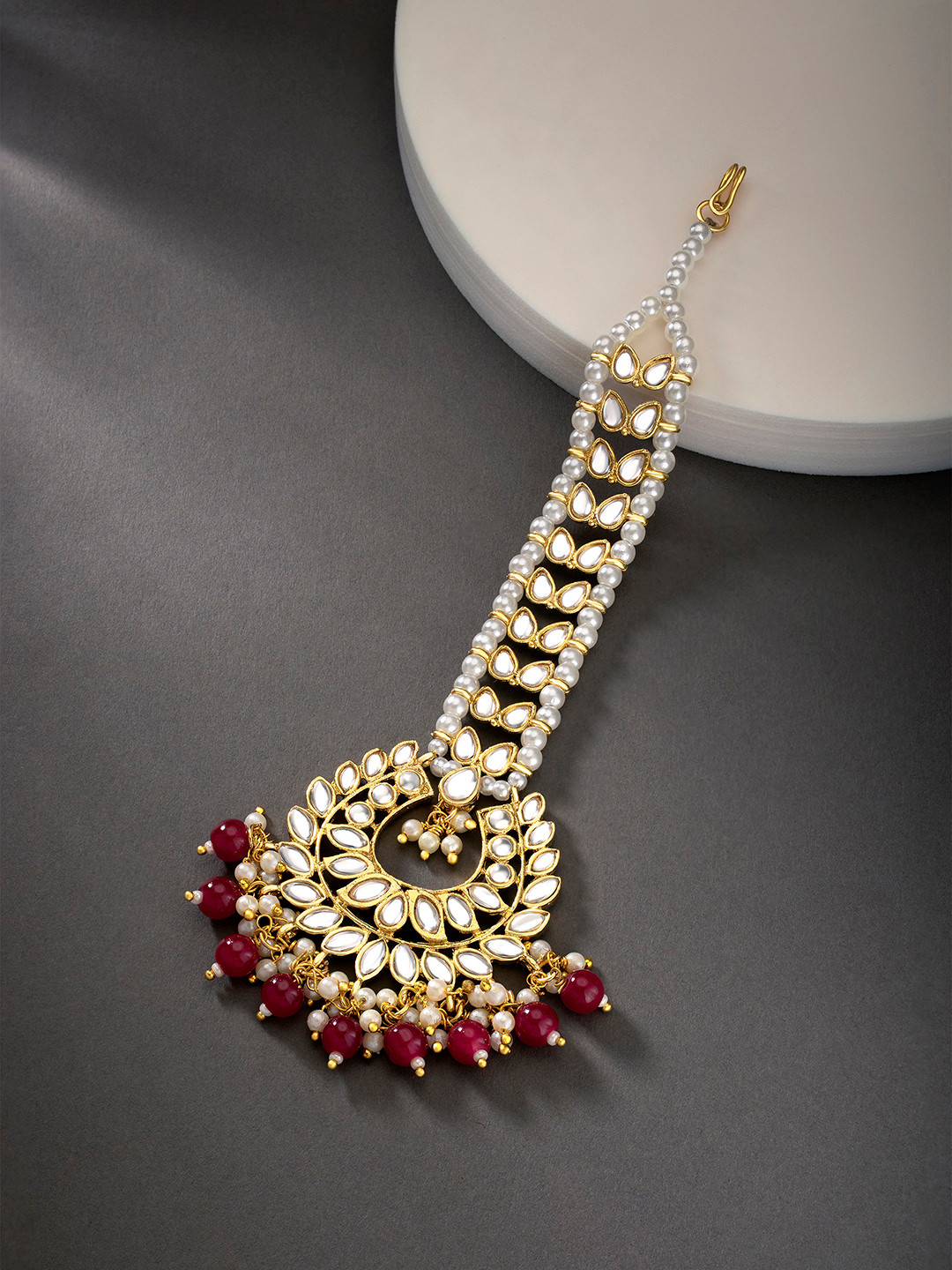 Peora Gold-Plated Maroon & White Kundan Studded Chandbali Design Maang Tikka