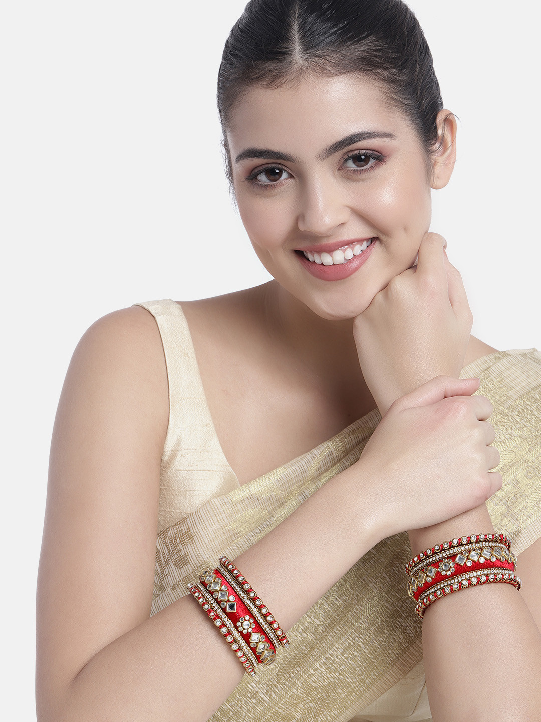 Peora Set Of 2 Red Gold-Plated Stone Studded Silk Thread Bangles