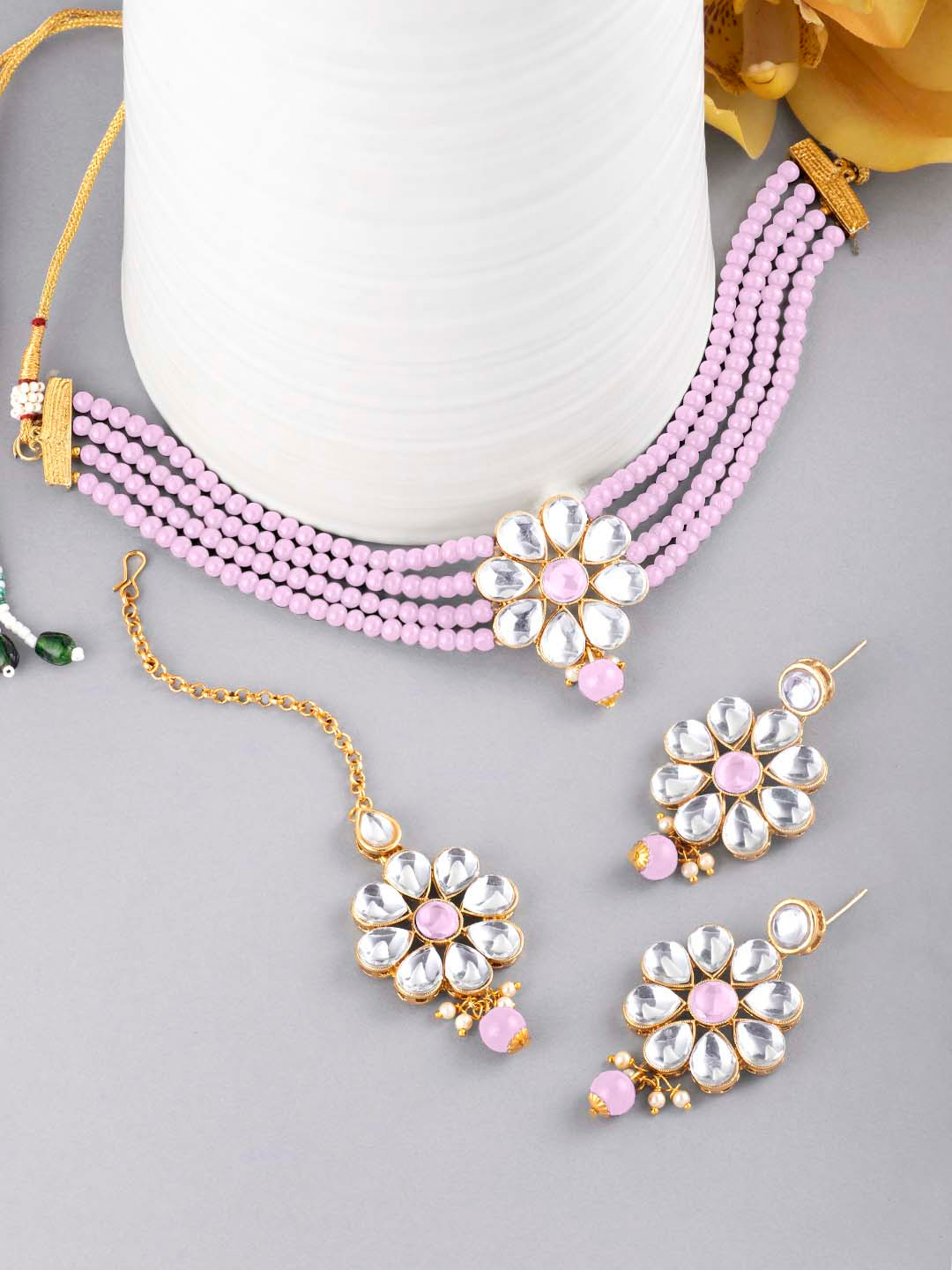 Peora Pink & White Floral Studded Gold Plated Choker Jewellery Set