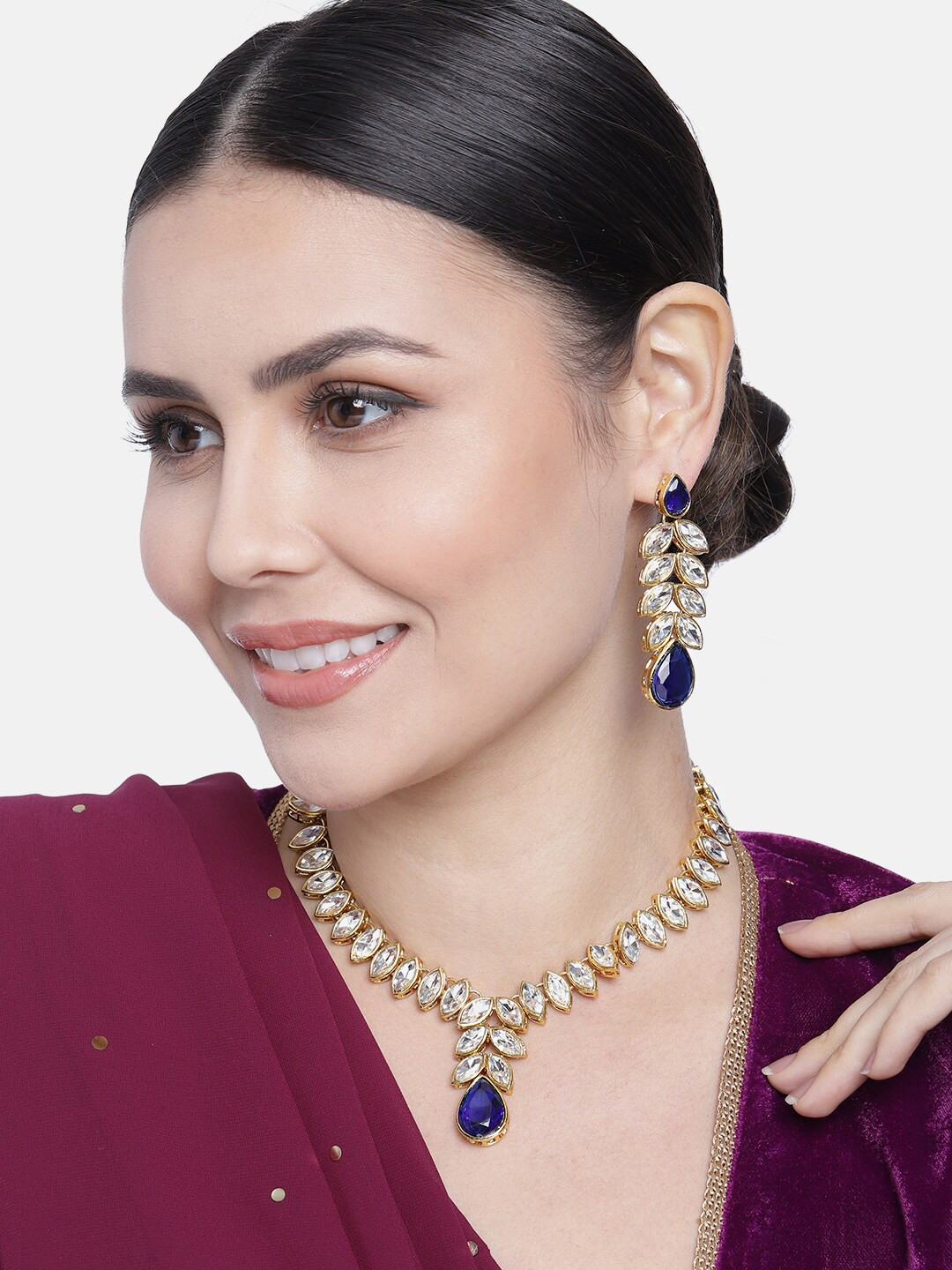 Peora Gold-Plated Blue Crystal Studded Jewellery Set