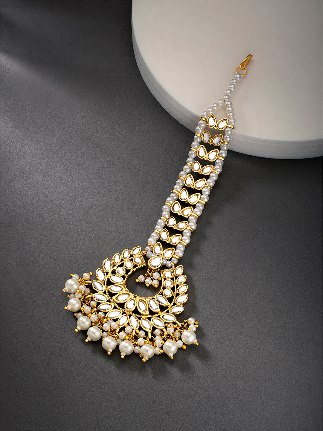 Peora Gold Plated  White Kundan Stone Studded Chandbali Design Dangling Maang Tikka