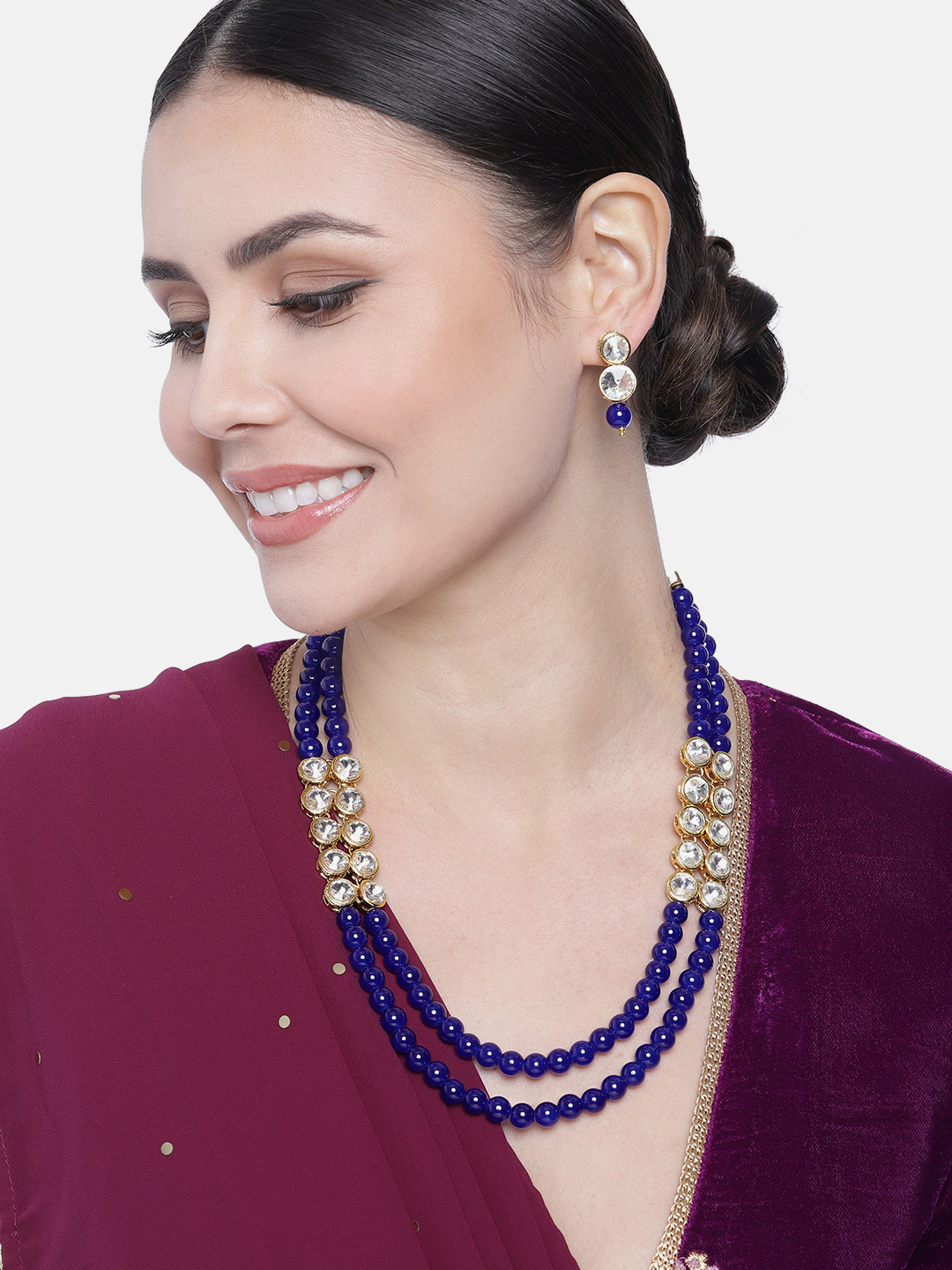 Peora Blue Gold Plated Crystal Blue Pearl Long Necklace Jewellery Set