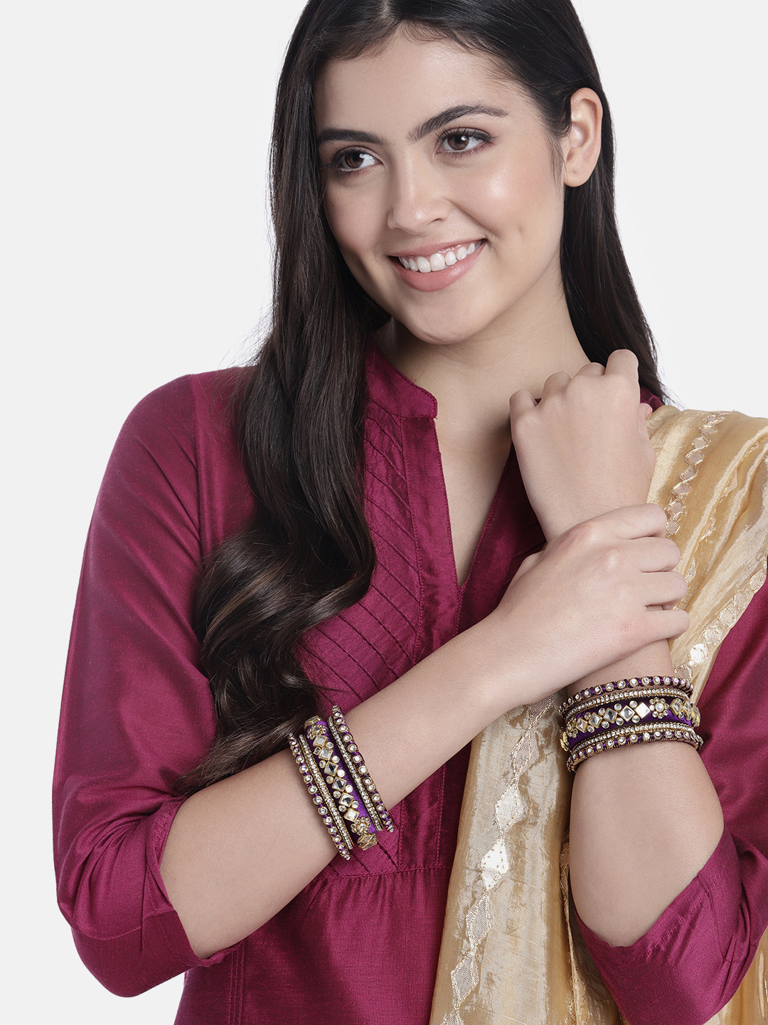 Peora Set Of 10 Purple Gold-Plated Stone Studded Silk Thread Bangle