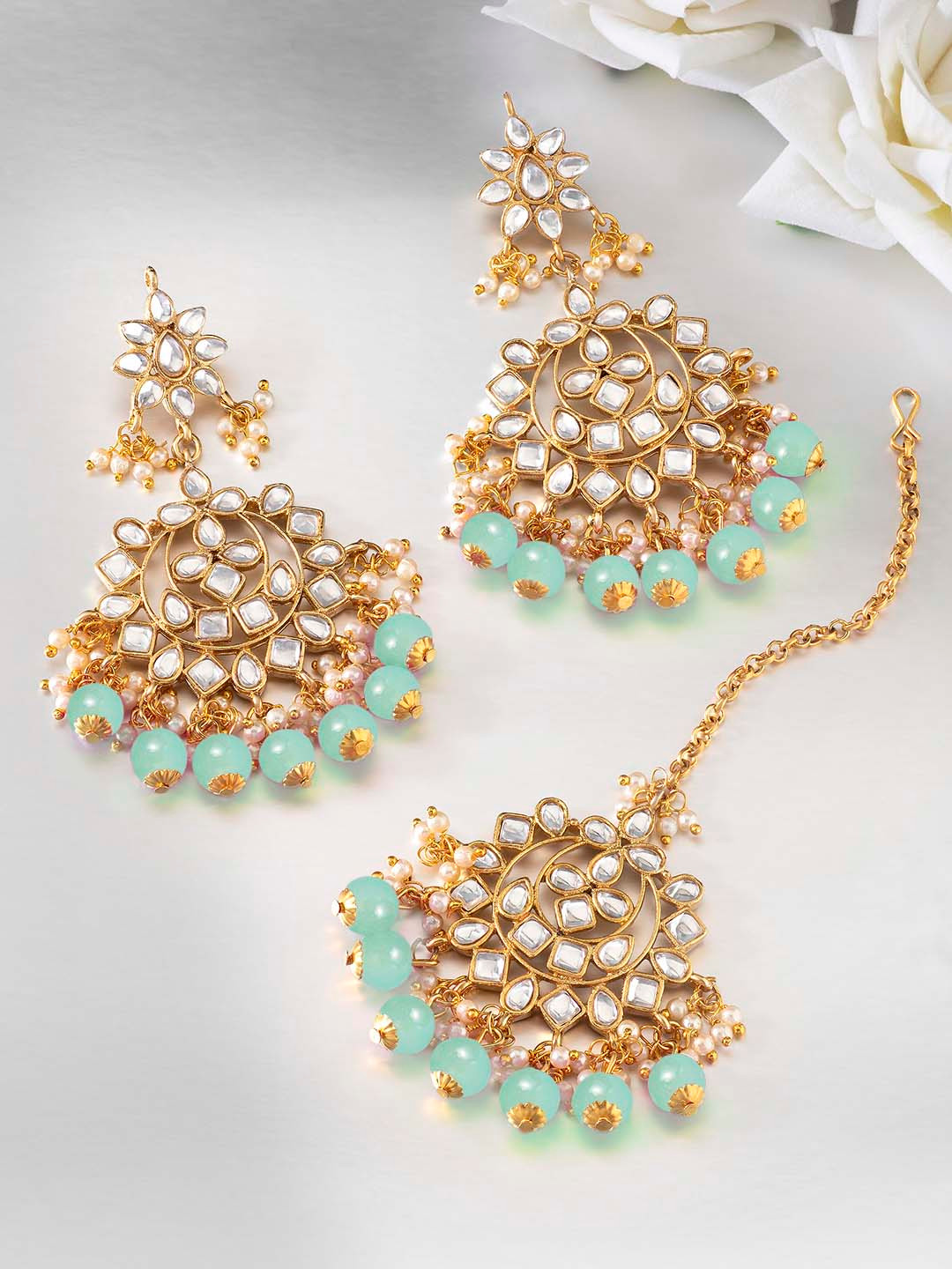 Peora Women Mint Green Gold-Plated Kundan Studded & Beaded ewellery Set