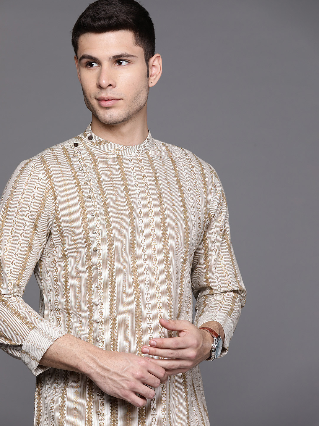Indo Era Men Off White & Beige Printed Kurta