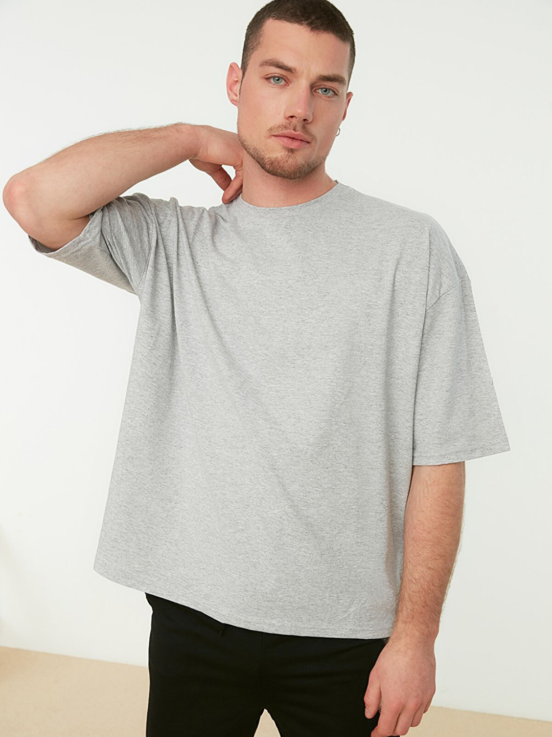 Trendyol Men Grey Melange Solid Pure Cotton Oversized T-shirt