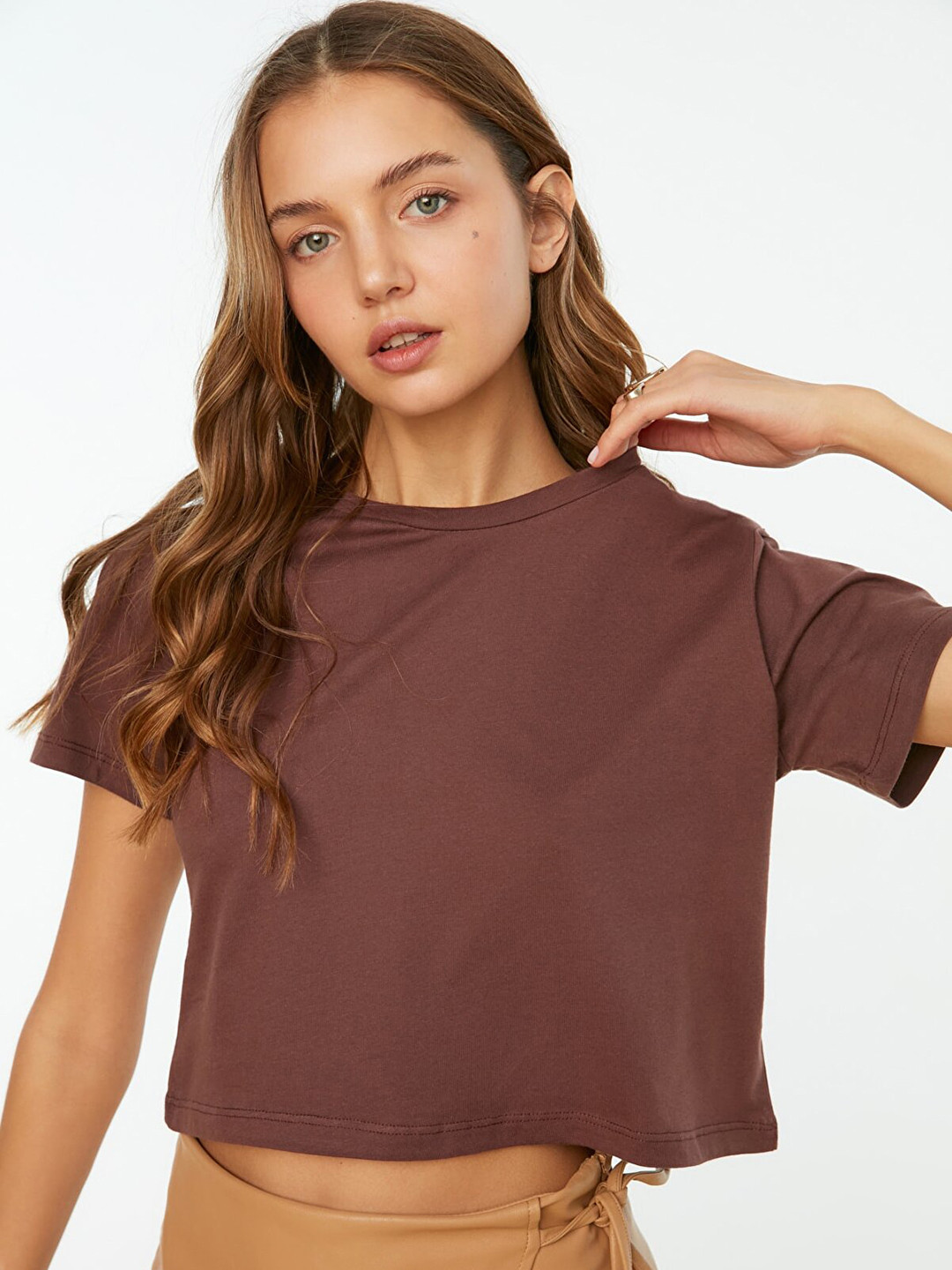 Trendyol Women Brown Solid Pure Cotton T-shirt