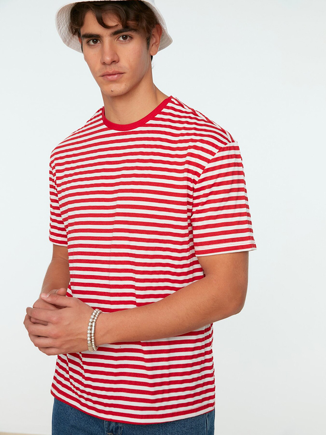 Trendyol Men Red & White Striped T-shirt