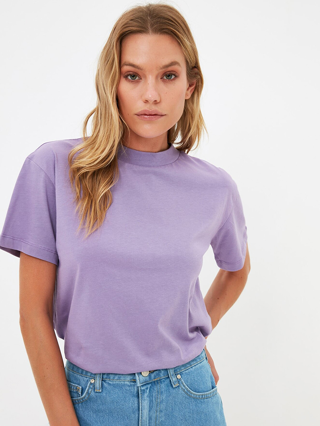 Trendyol Women Lavender Pure Cotton  Drop-Shoulder Sleeves T-shirt