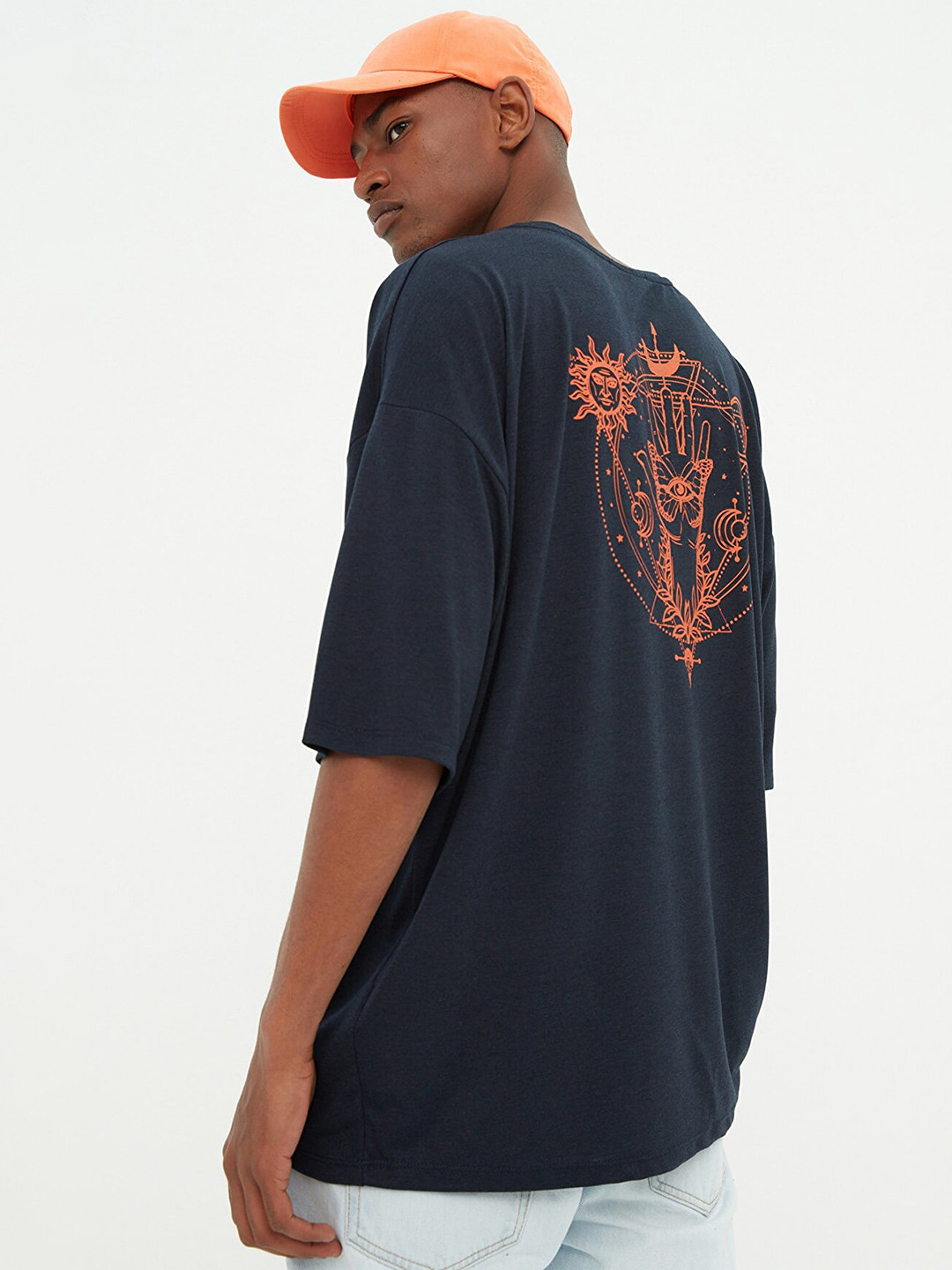 Trendyol Men Navy Blue & Orange Graphic Printed Bohemian Relaxed Fit T-shirt