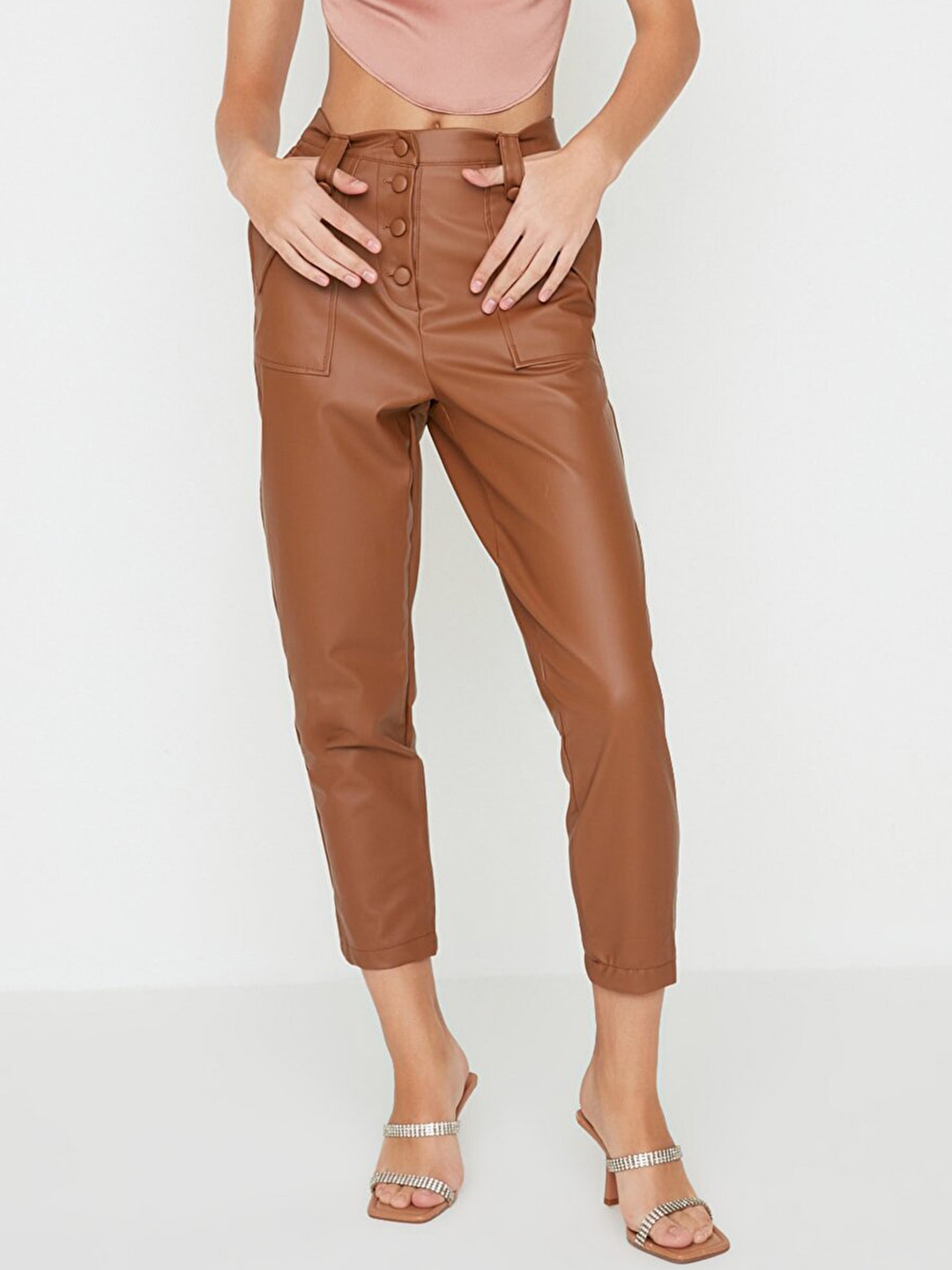 Trendyol Women Brown Solid PU Coated Trousers