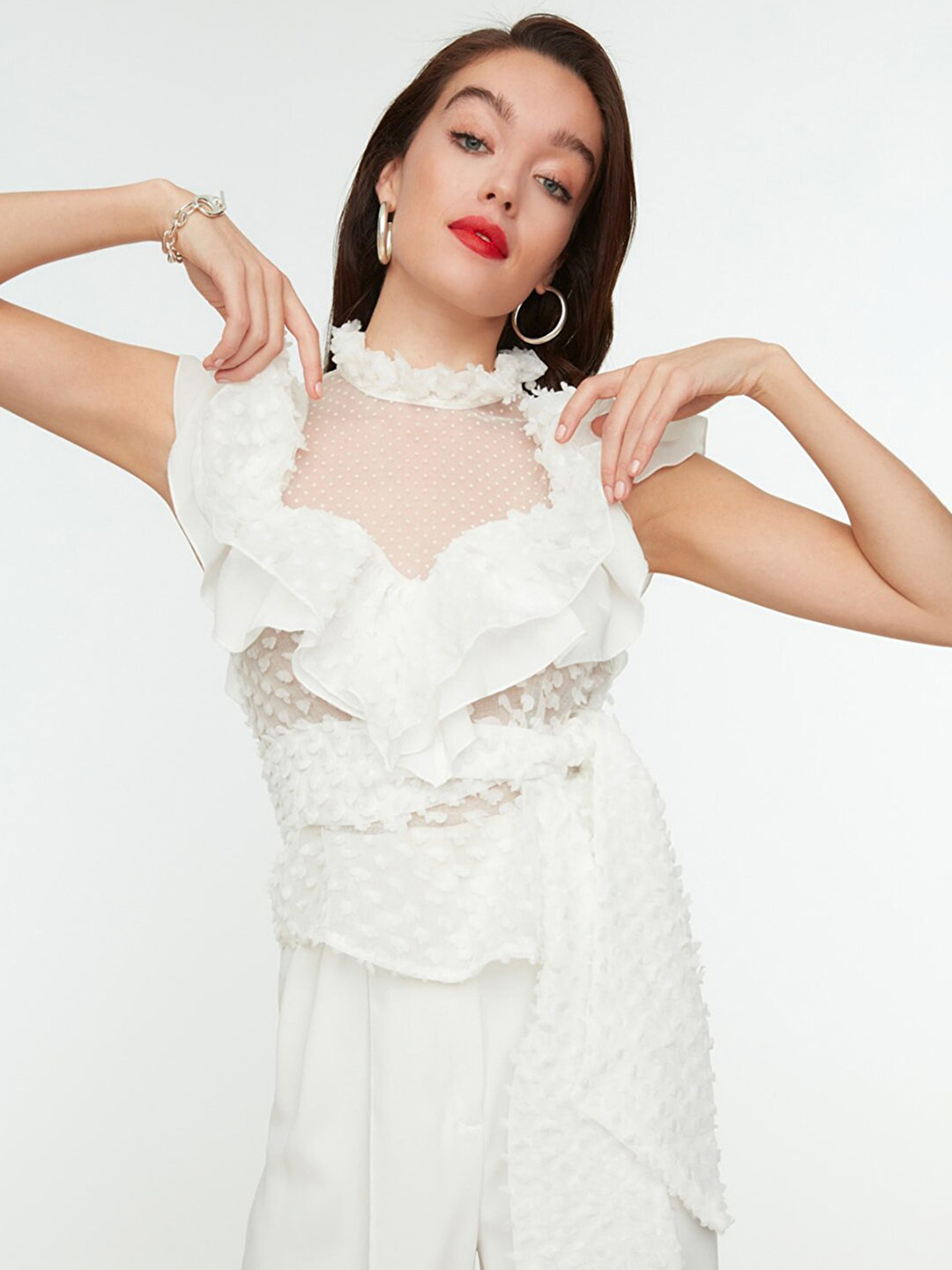 Trendyol White Self-Design Semi-Sheer Ruffles Top