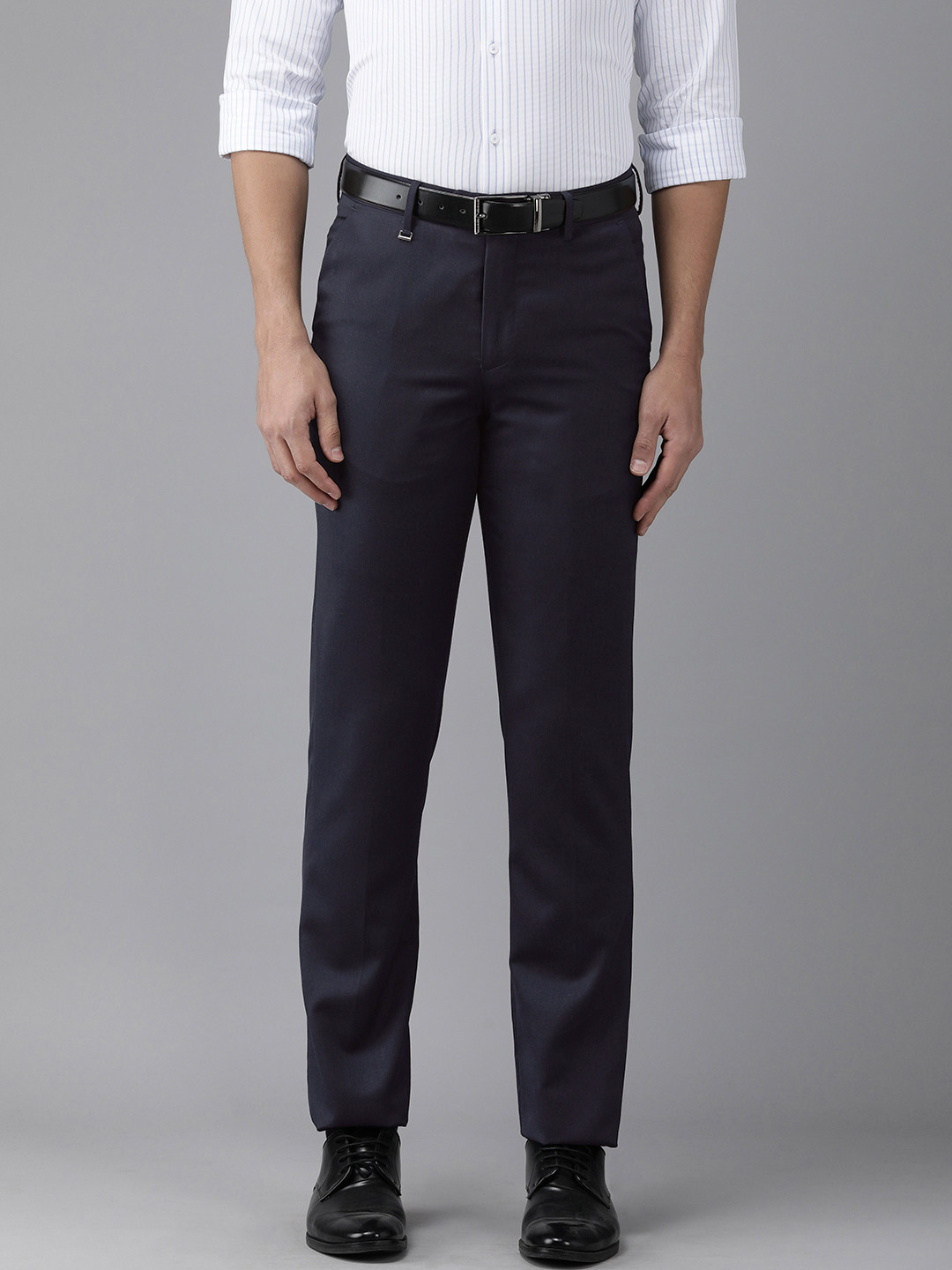 Van Heusen Men Navy Blue Solid Mid Rise Formal Trousers