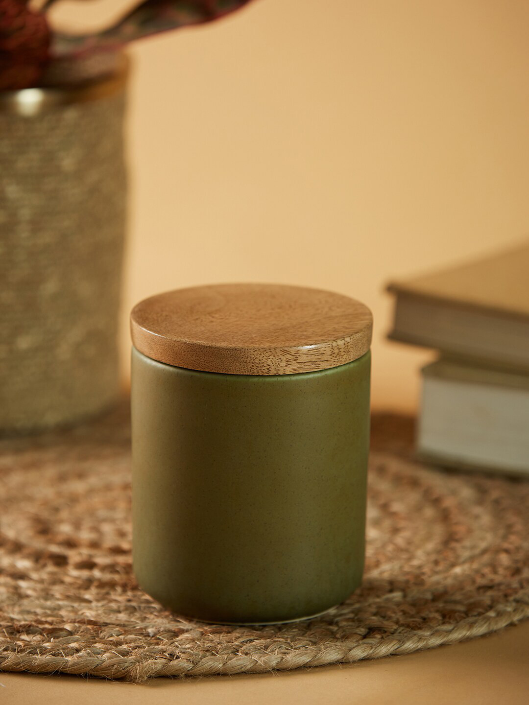 Fabindia Maaya Green Ceramic Dishwasher Safe Clip-On Canister-350ml