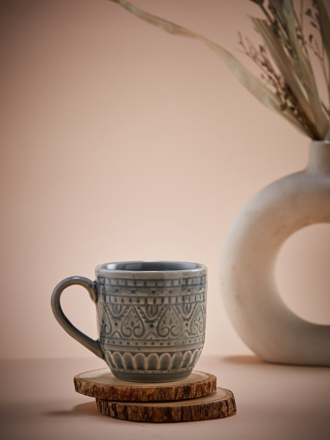 Fabindia Green Ethnic Motifs Ceramic Handmade Mug-300ml