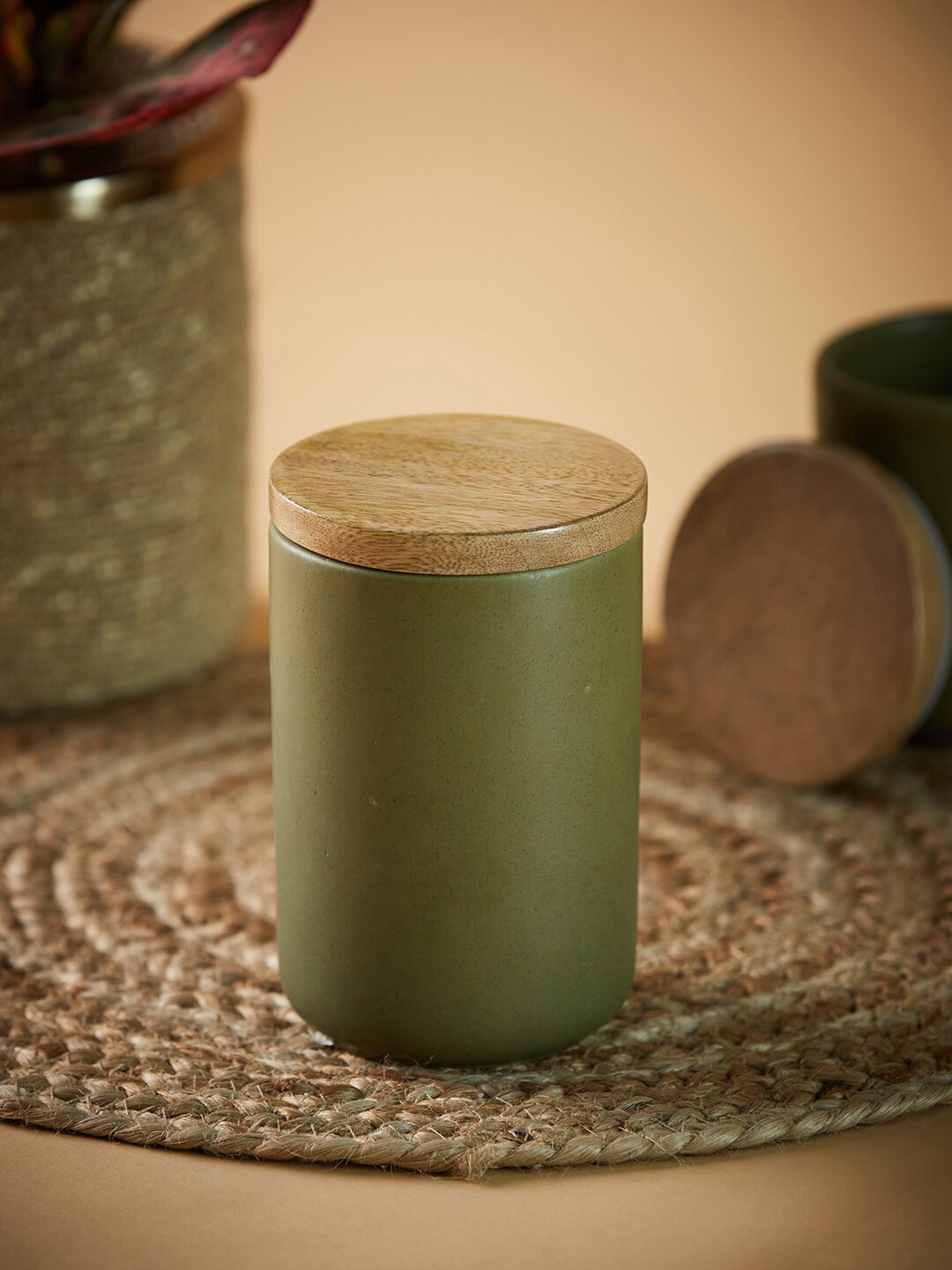 Fabindia Maaya Green Ceramic Dishwasher Safe Clip-On Canister