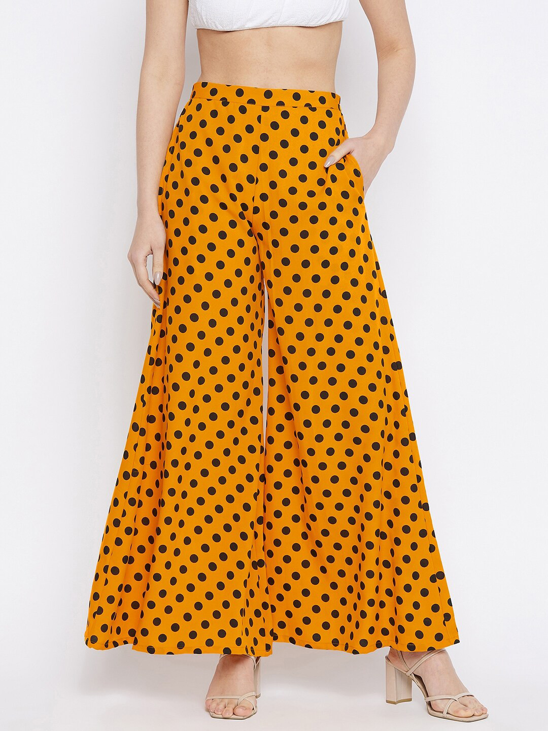 HELLO DESIGN Women Mustard Yellow & Black Printed Flared Knitted Crepe Ethnic Palazzos