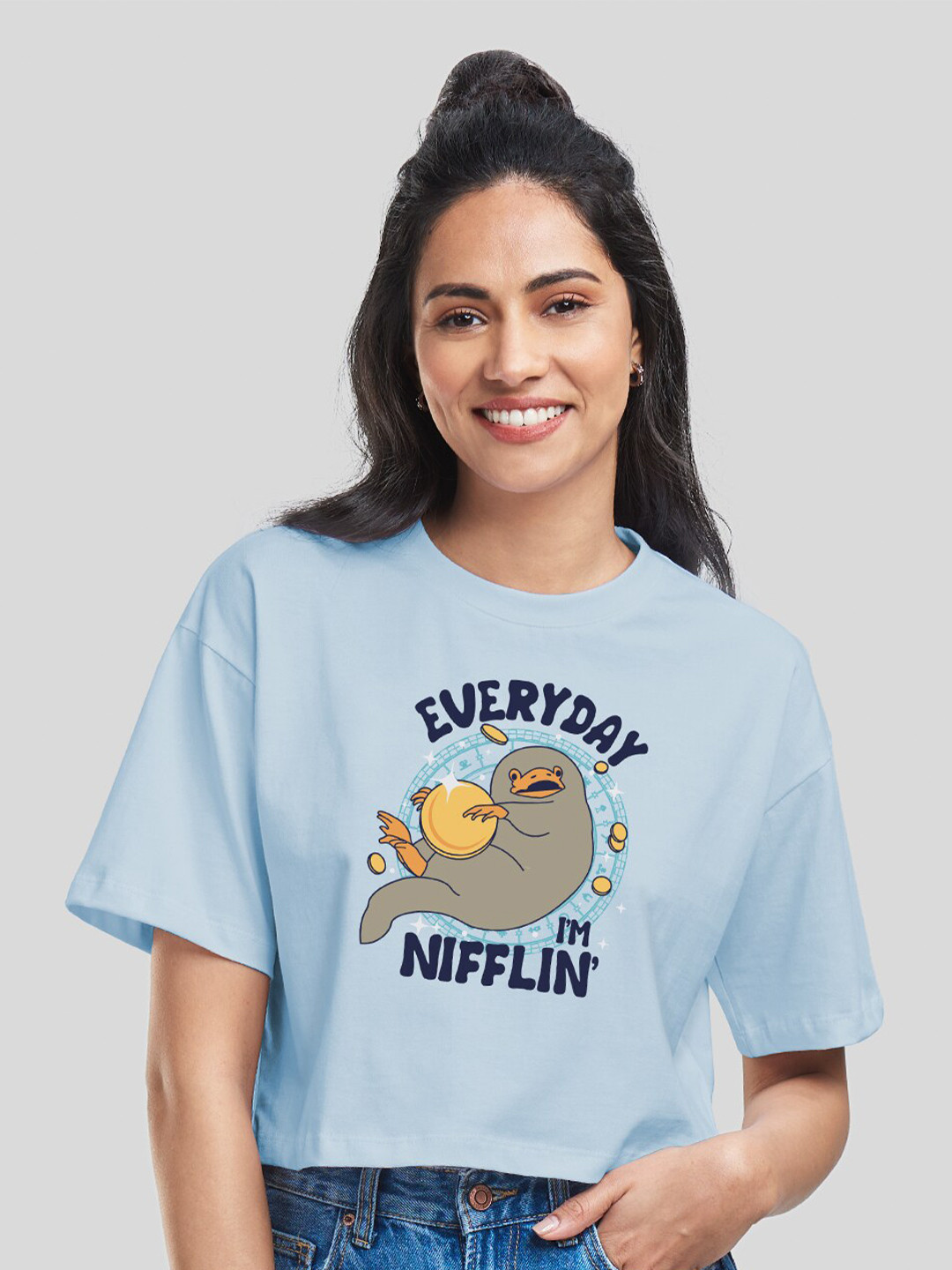 The Souled Store Women Blue Fantastic Beasts Printed Drop-Shoulder Sleeves Cotton Oversized T-shirt