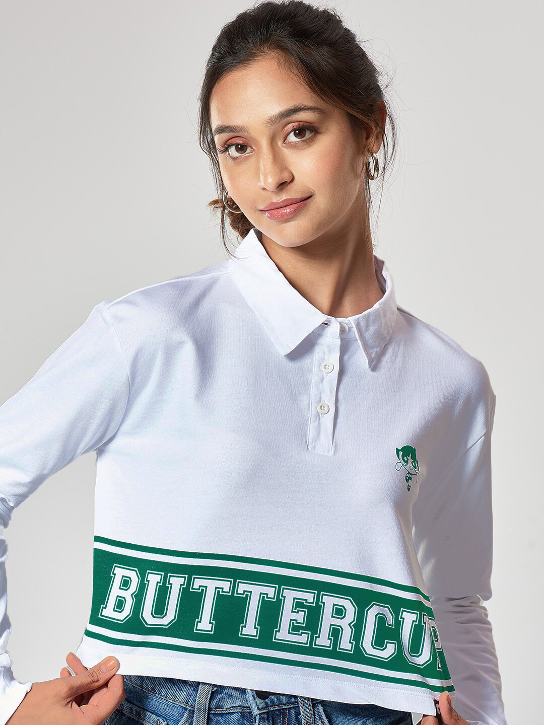 The Souled Store Women White Typography Printed Polo Collar Boxy T-shirt