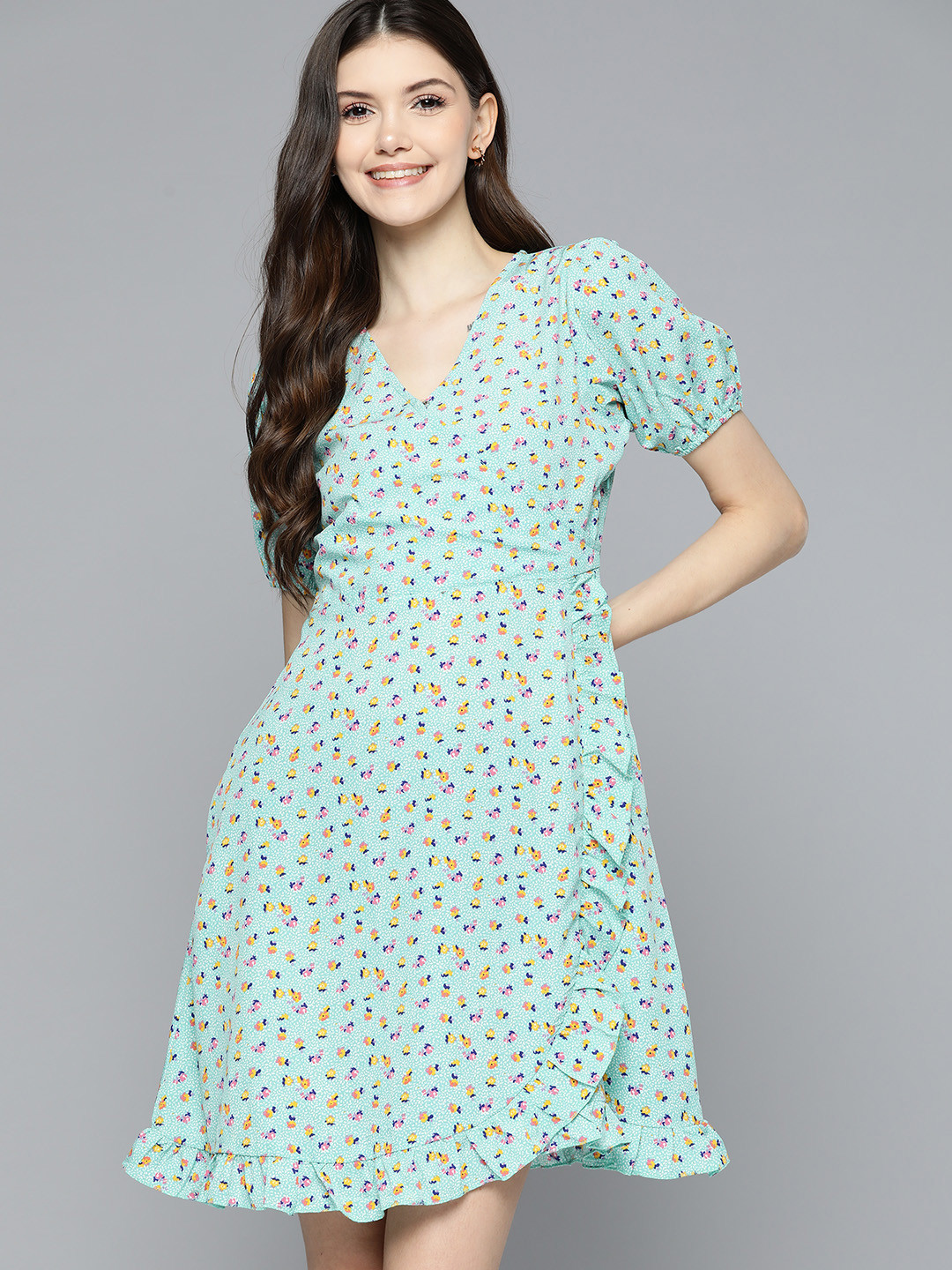 Mast & Harbour Blue & White Floral Wrap Ruffled Dress