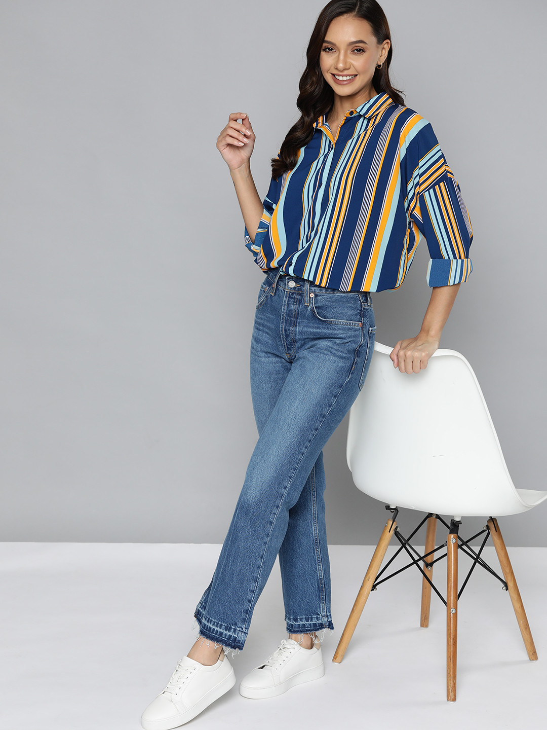 Mast & Harbour Women Navy Blue & Yellow Striped Drop-Shoulder Sleeves Casual Shirt