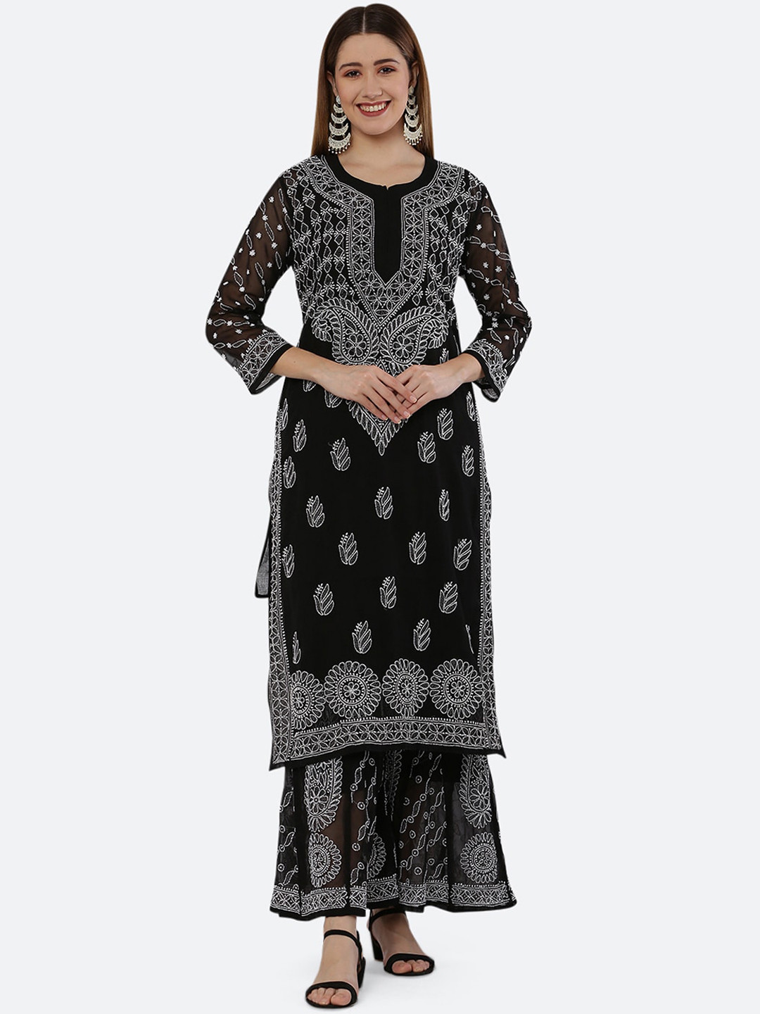 FAWOMENT Black Hand Embroidered Chikankari Straight Kurta and Slip on Sharar with Inner