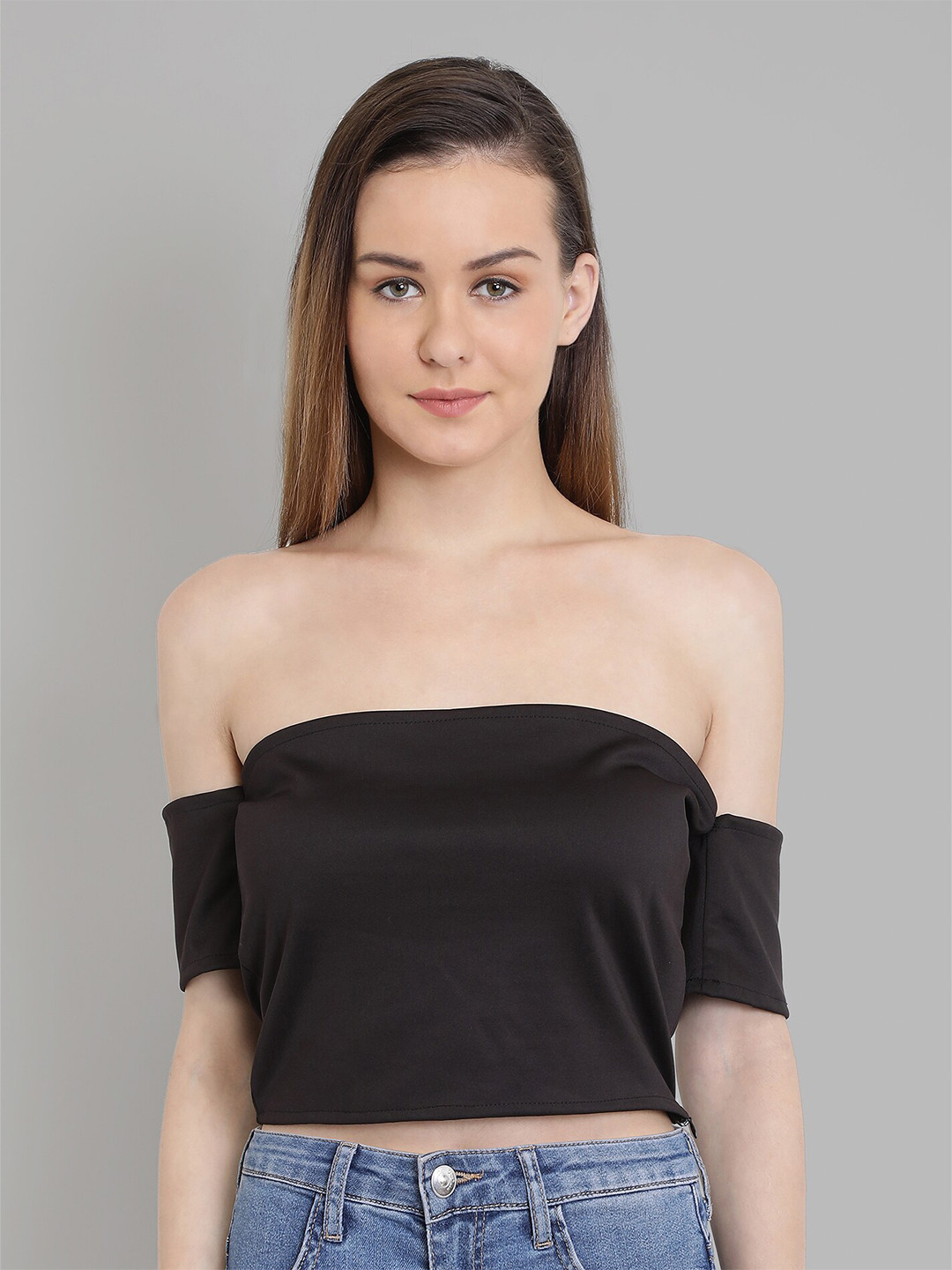 CHIMPAAANZEE Women Black Off-Shoulder Bardot Crop Top