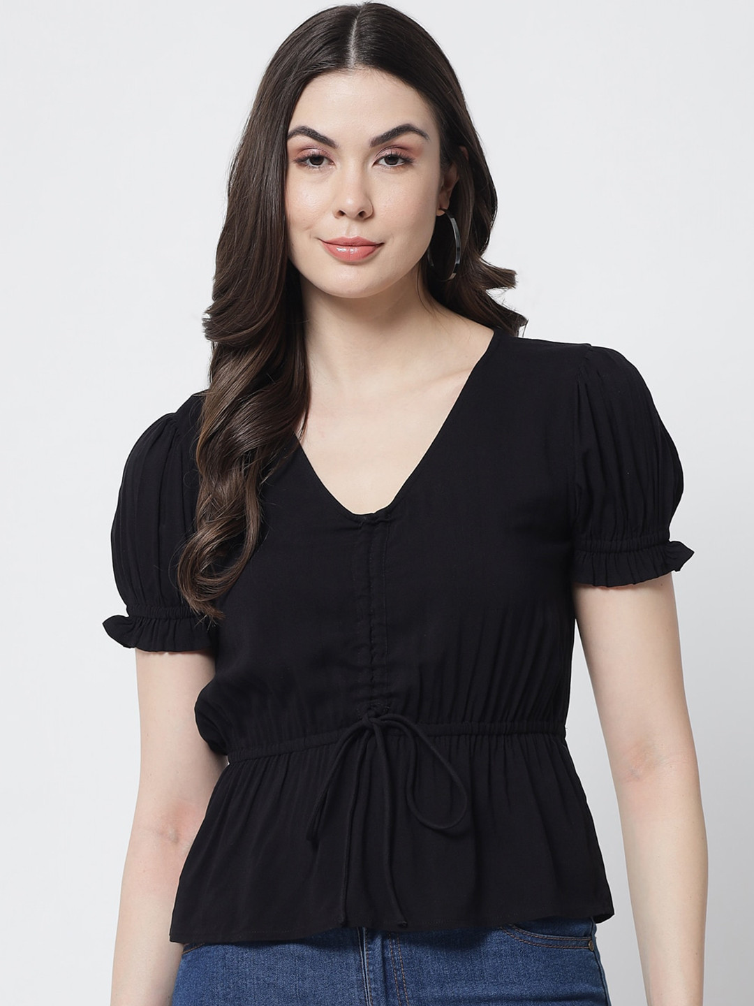 Trend Arrest Women Black Cinched Waist V Neck Top