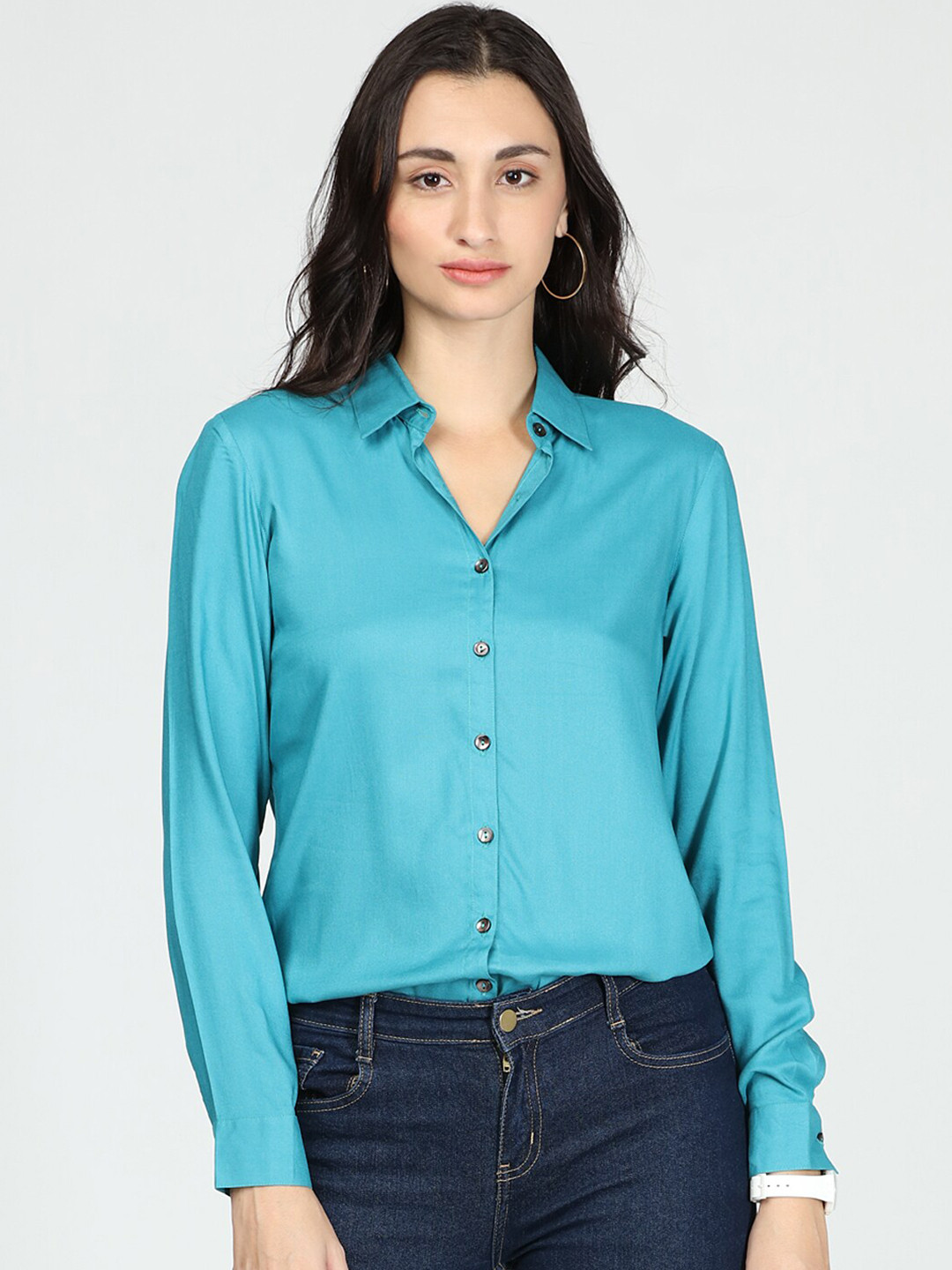 IDK Blue Mandarin Collar Shirt Style Top