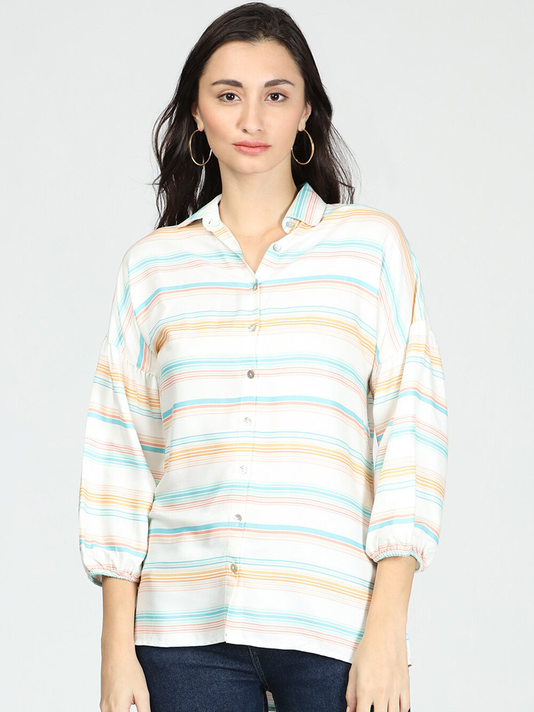 IDK Cream-Coloured & Turquoise Blue Striped Bishop Sleeves Shirt Style Top