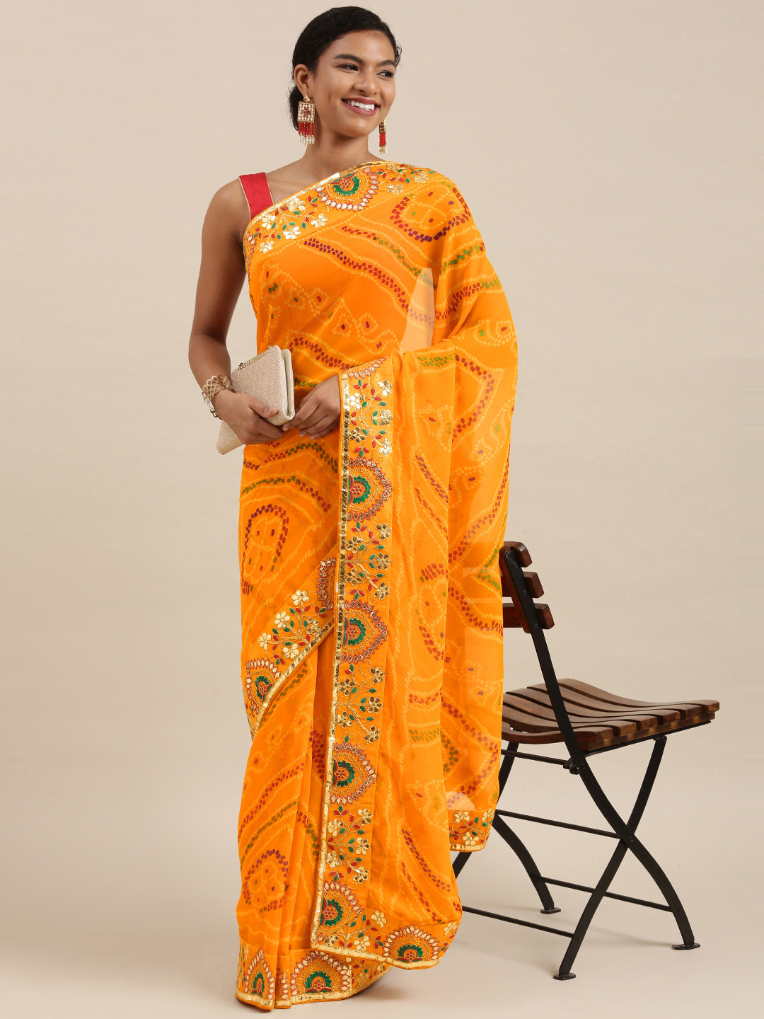 Mitera Yellow Printed Gotta Patti Bandhani Saree