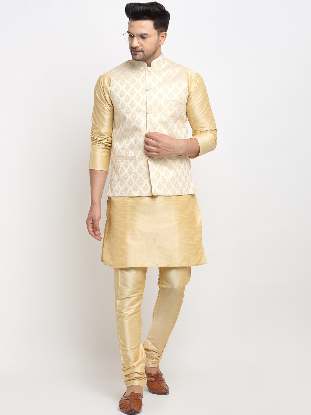 Kaifoo Men Multicoloured Floral Kurta with Churidar & Nehru Jacket