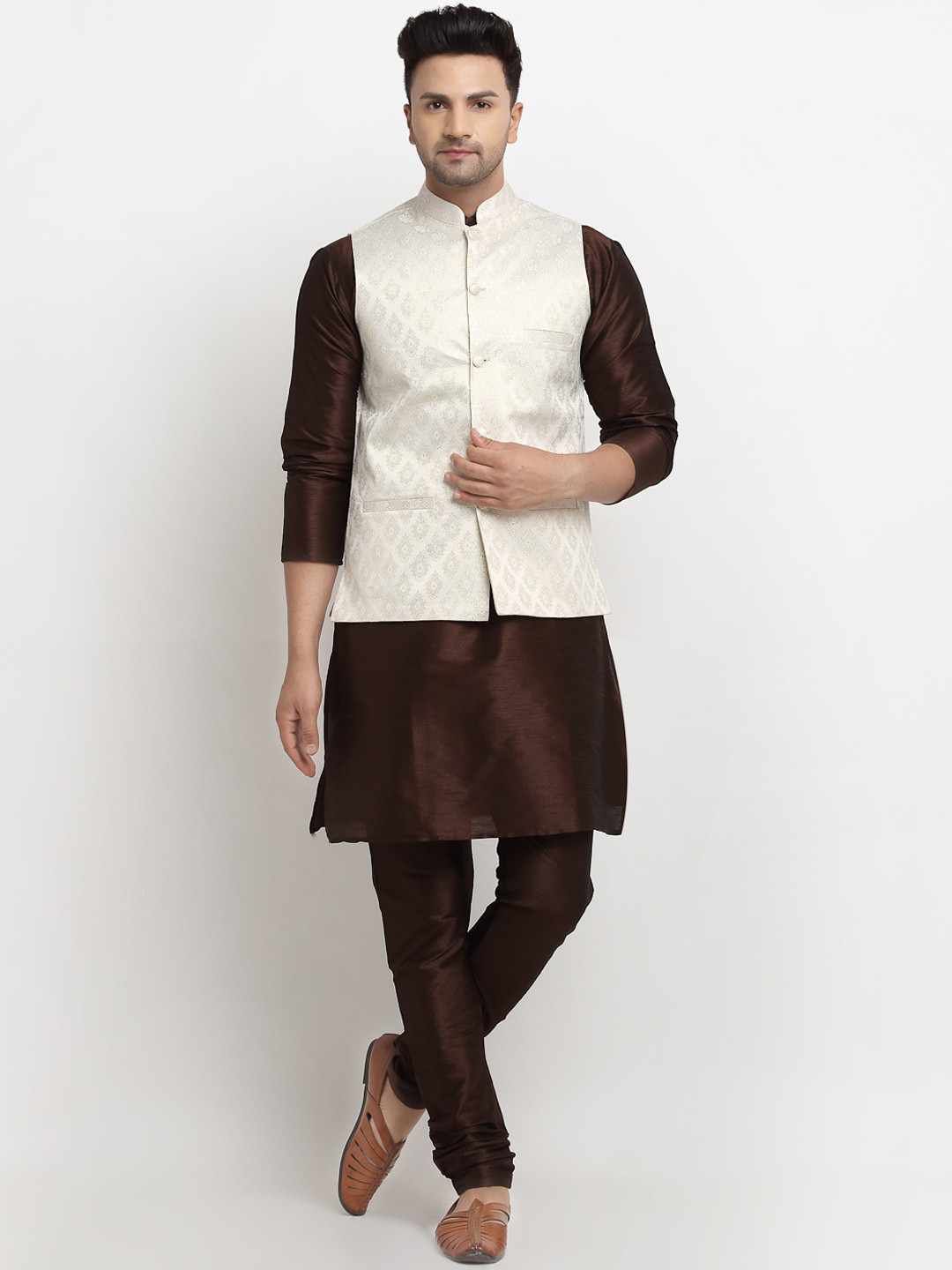 Kaifoo Men Beige Kurta with Churidar & Nehru Jacket