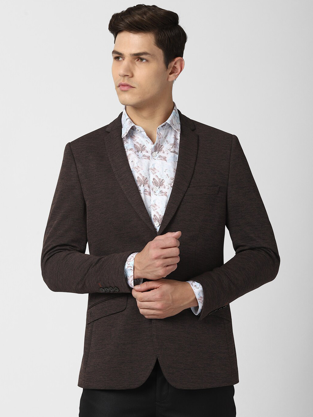 Van Heusen By Van Heusen Men Brown Self-Design Single-Breasted Slim-Fit Blazer