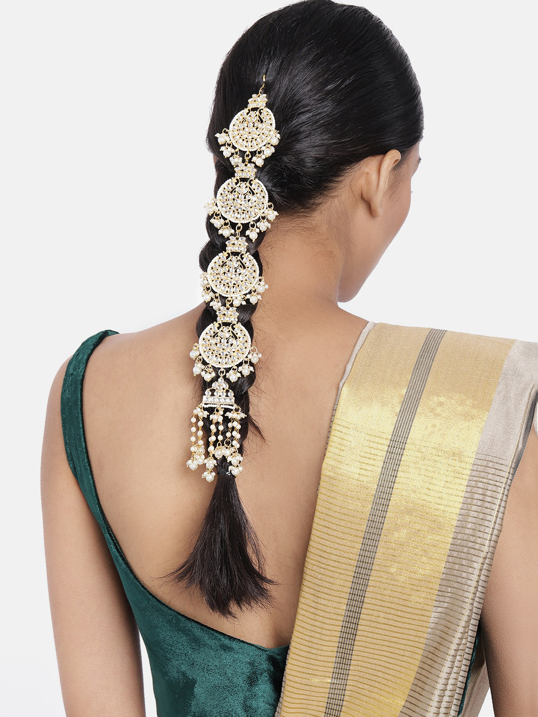 I Jewels White Gold-Plated Kundan-Studded Beaded Head Chain