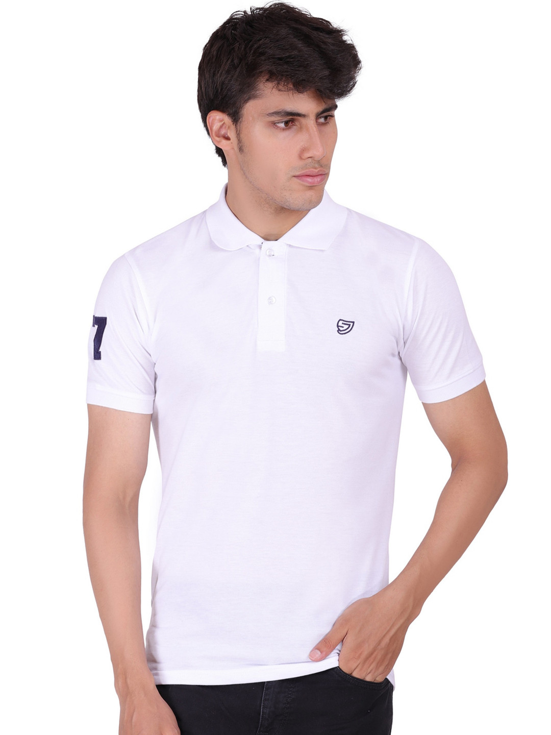 Sam and Jack Men White Polo Collar Applique Regular Fit T-shirt