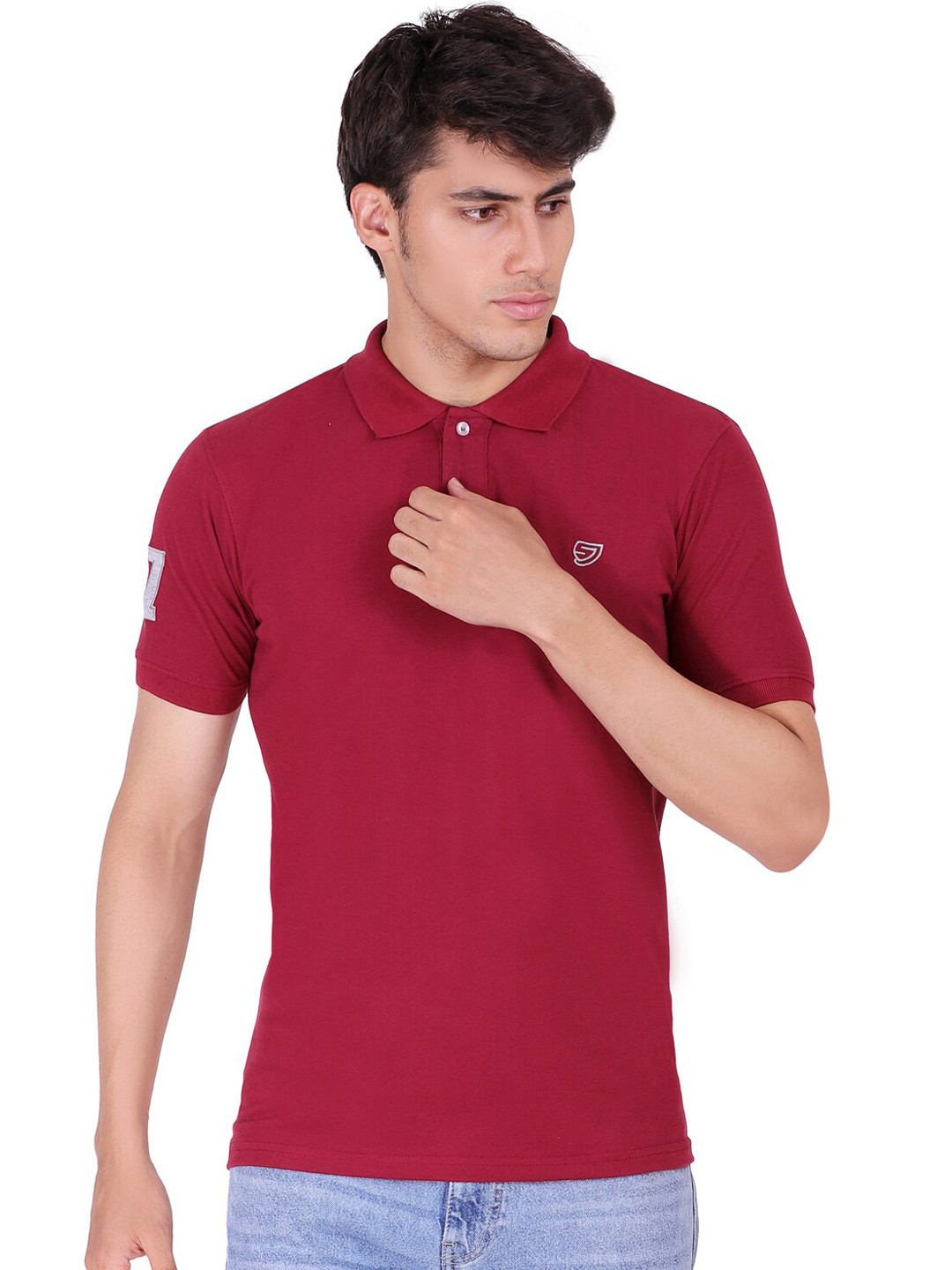 Sam and Jack Men Maroon Solid Polo Collar Cotton T-shirt