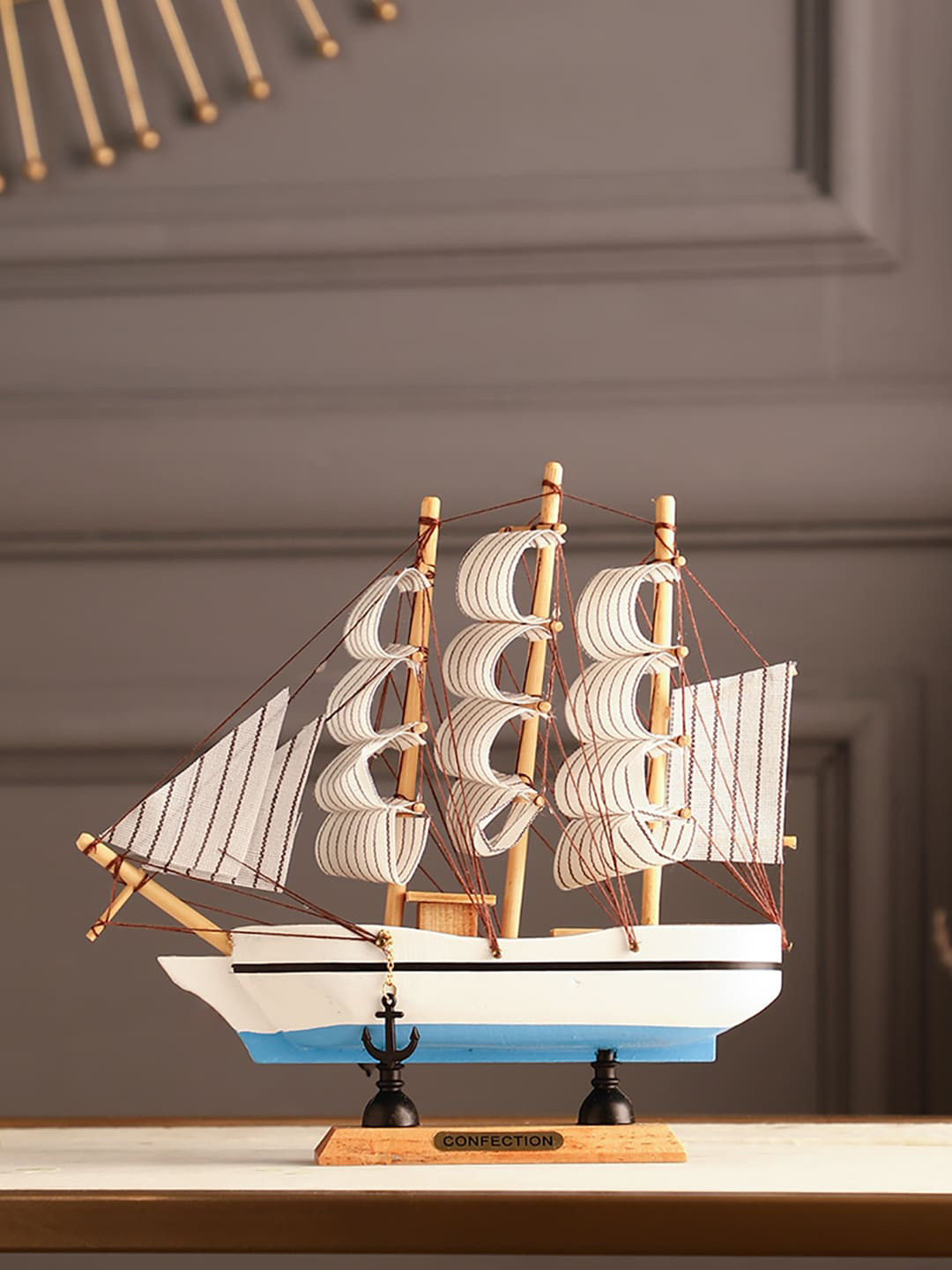 EXIM DECOR White & Blue Stripes Sailing Ship Showpiece