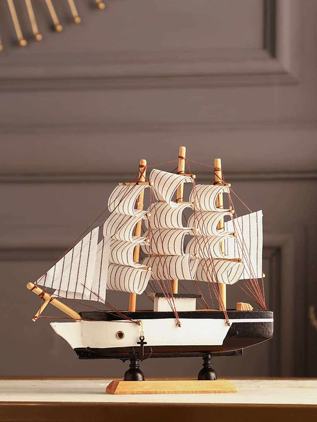 EXIM DECOR Brown & White Wooden Pothole Sailing Ship Showpiece