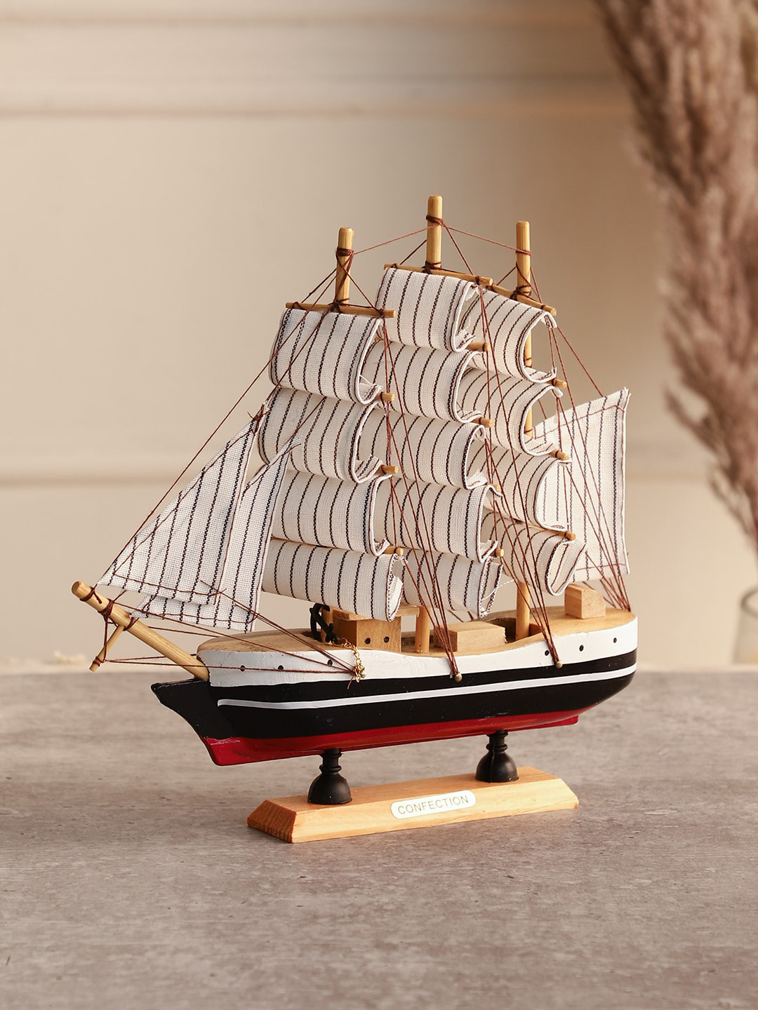 EXIM DECOR Strip Sailing Ship Black Wood Natural Living Room Medium Showpiece - 11.9 Inches