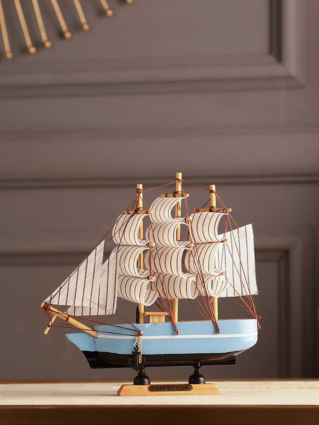 EXIM DECOR Sailing Ship Blue Wood Natural Living Room Medium Showpiece - 7.5 Inches