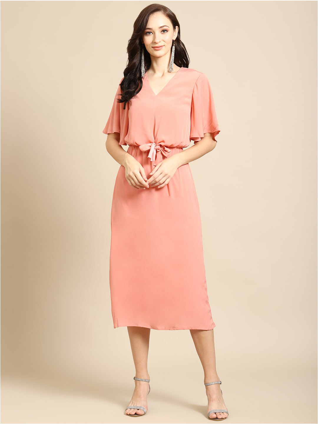 DODO & MOA Peach-Coloured Blouson Midi Dress